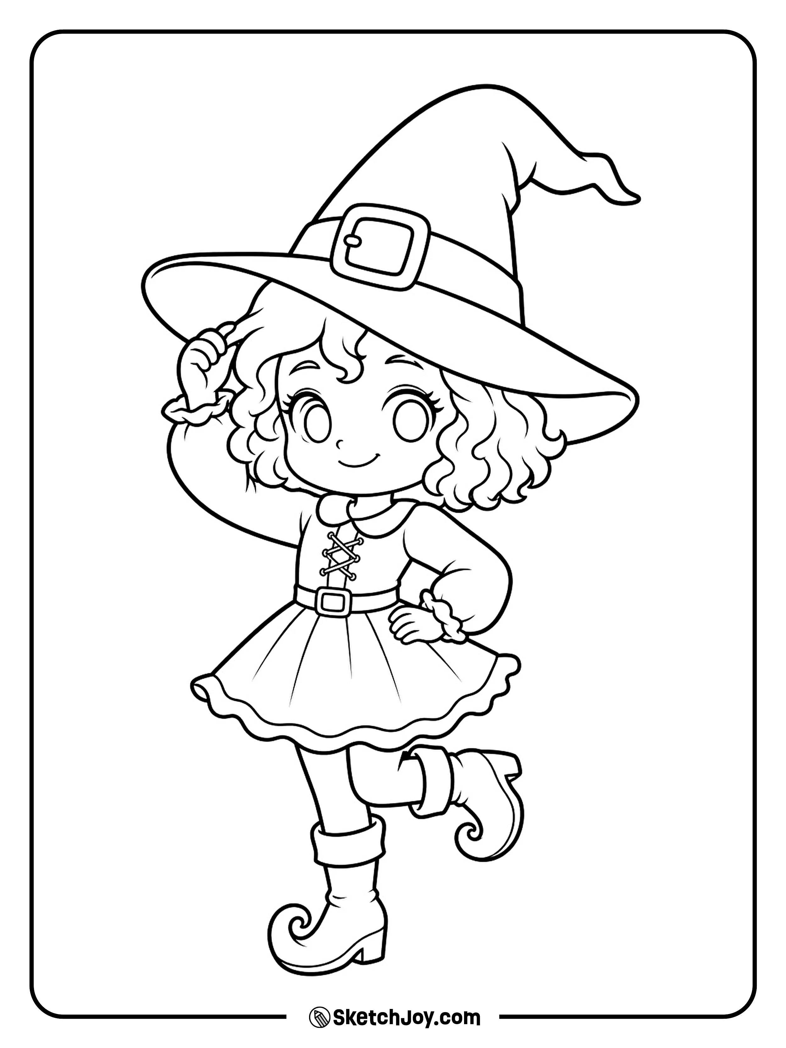 A little witch tips her wide hat and smiles with one boot raised.
