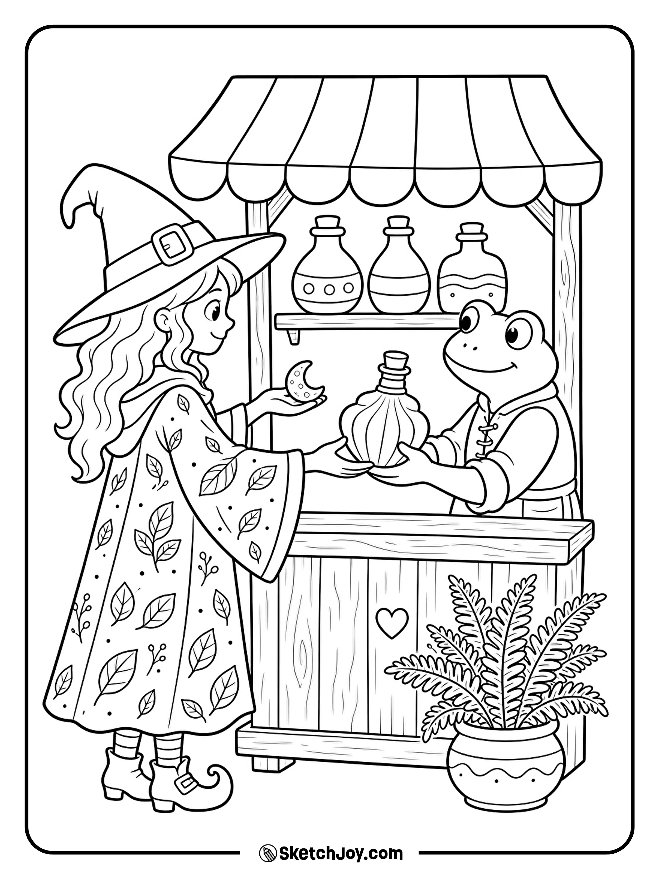 A witch trades a moon stone for a shell-shaped potion bottle at a tiny market stall.