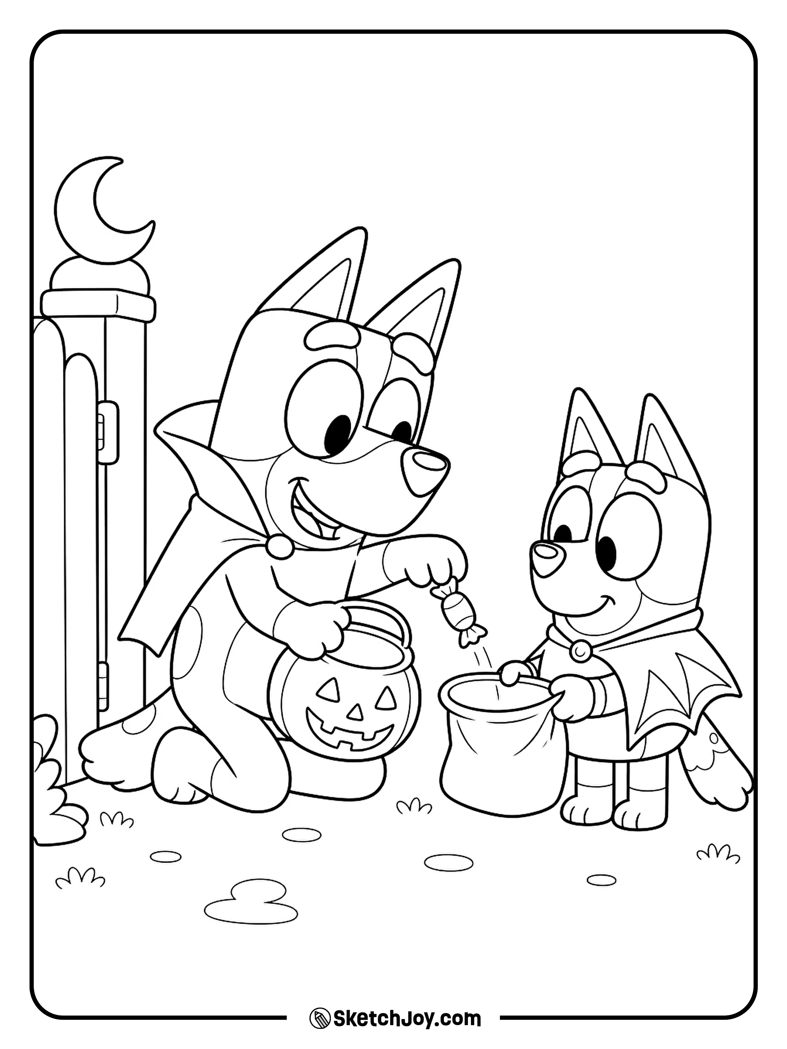 Bluey shares one last sweet with her sister during their trick-or-treat walk.