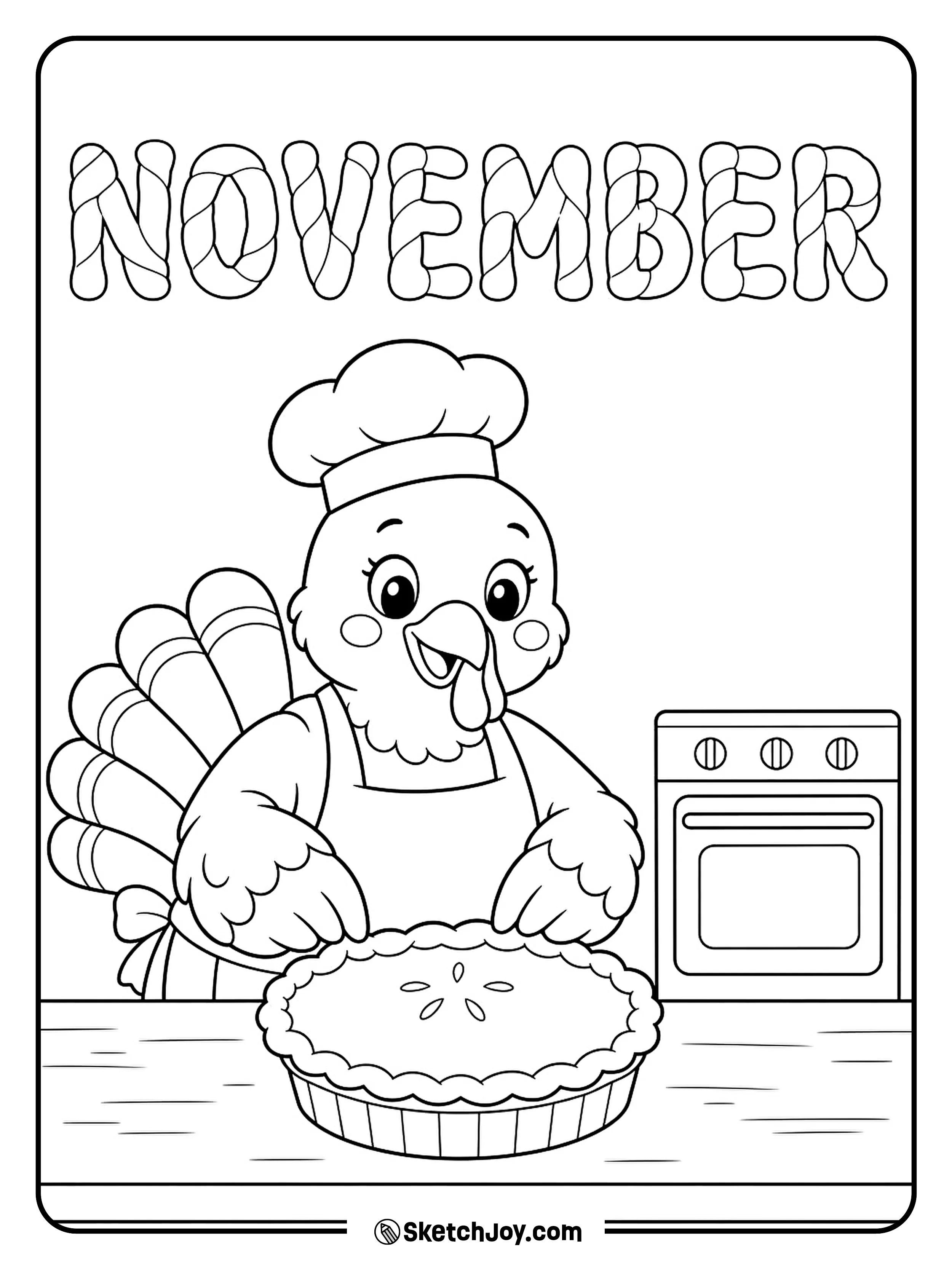 A turkey baker pinches the edge of a pumpkin pie on a kitchen counter.