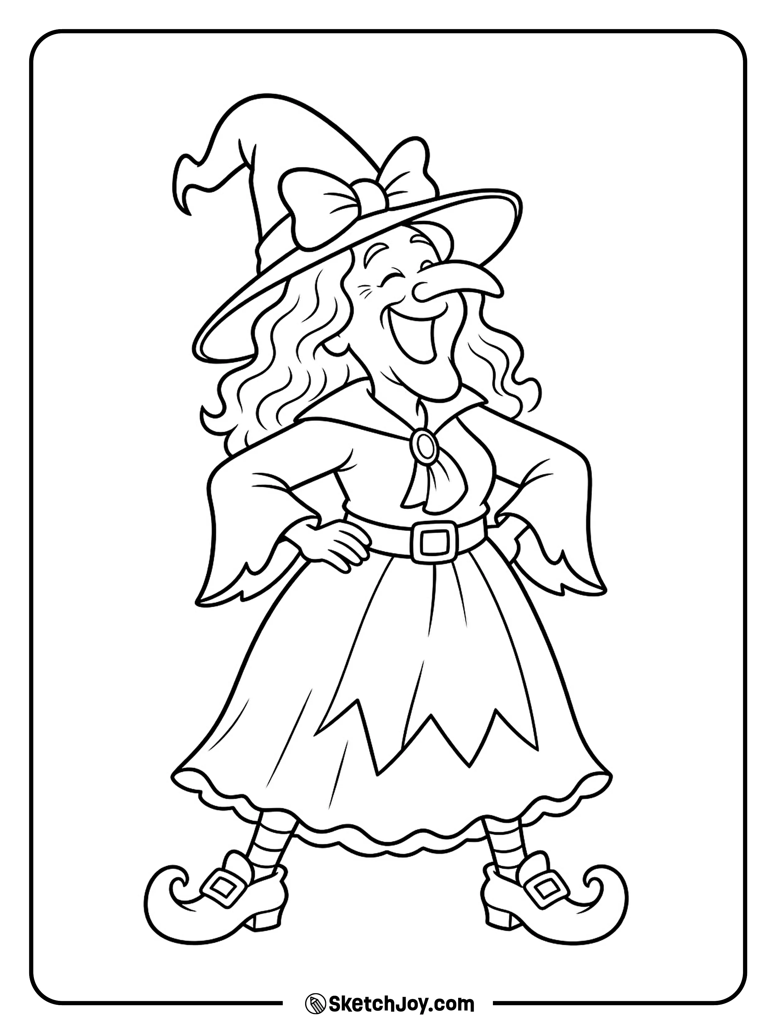 A cheerful old witch laughs with her head back and her hands on her waist.