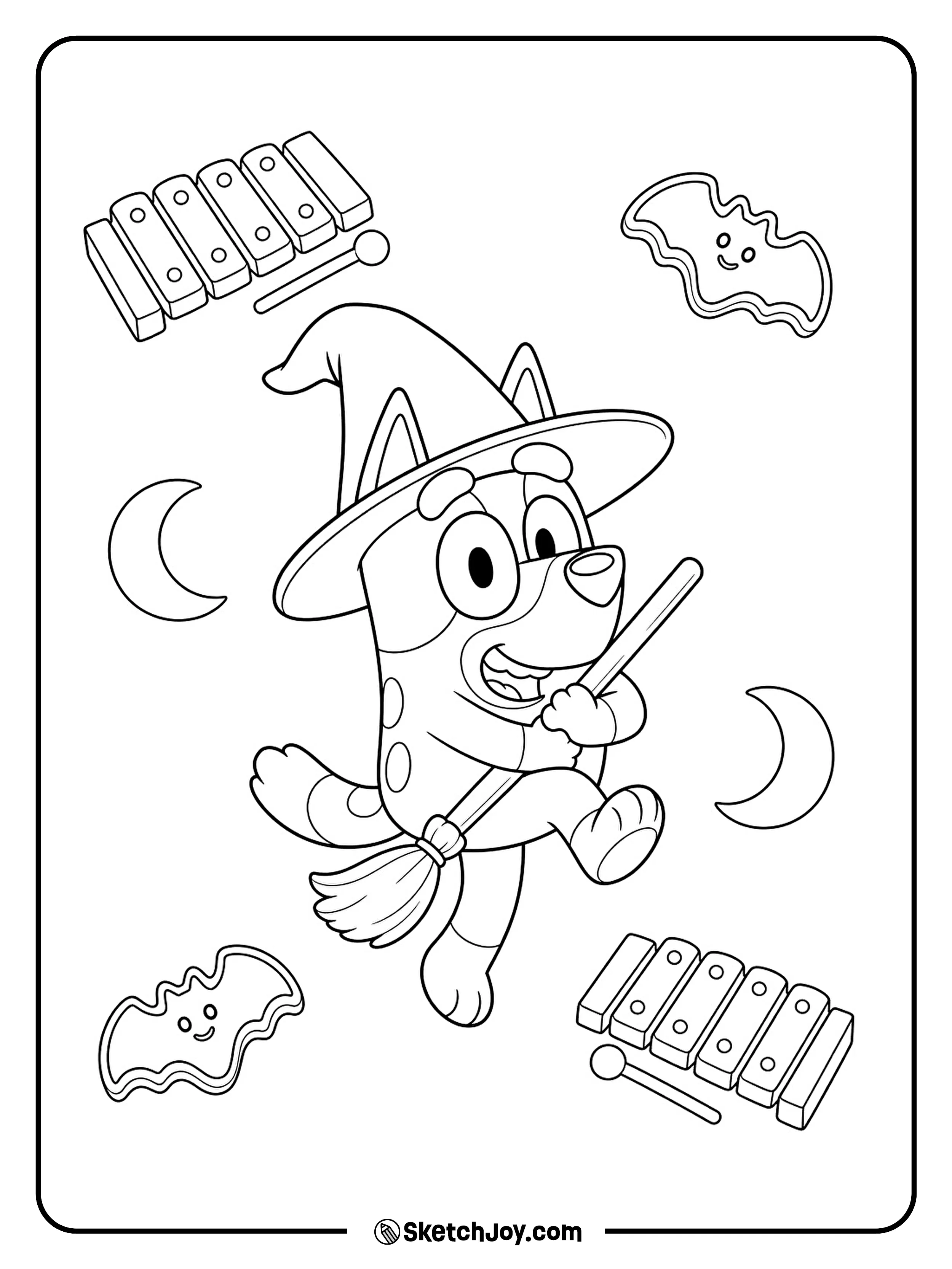 Tiny xylophones and bat cookies float beside a very happy witch.