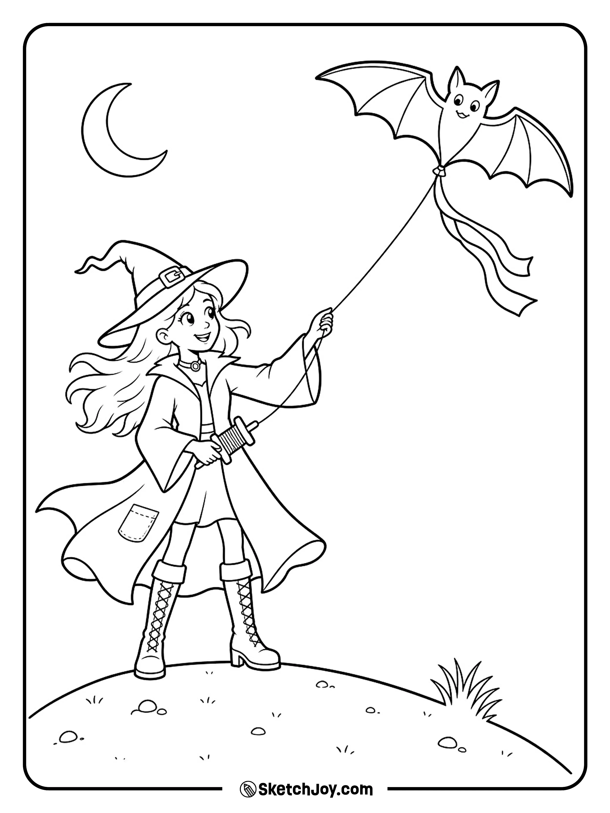 A witch lets her bat-shaped kite rise above a grassy hill.