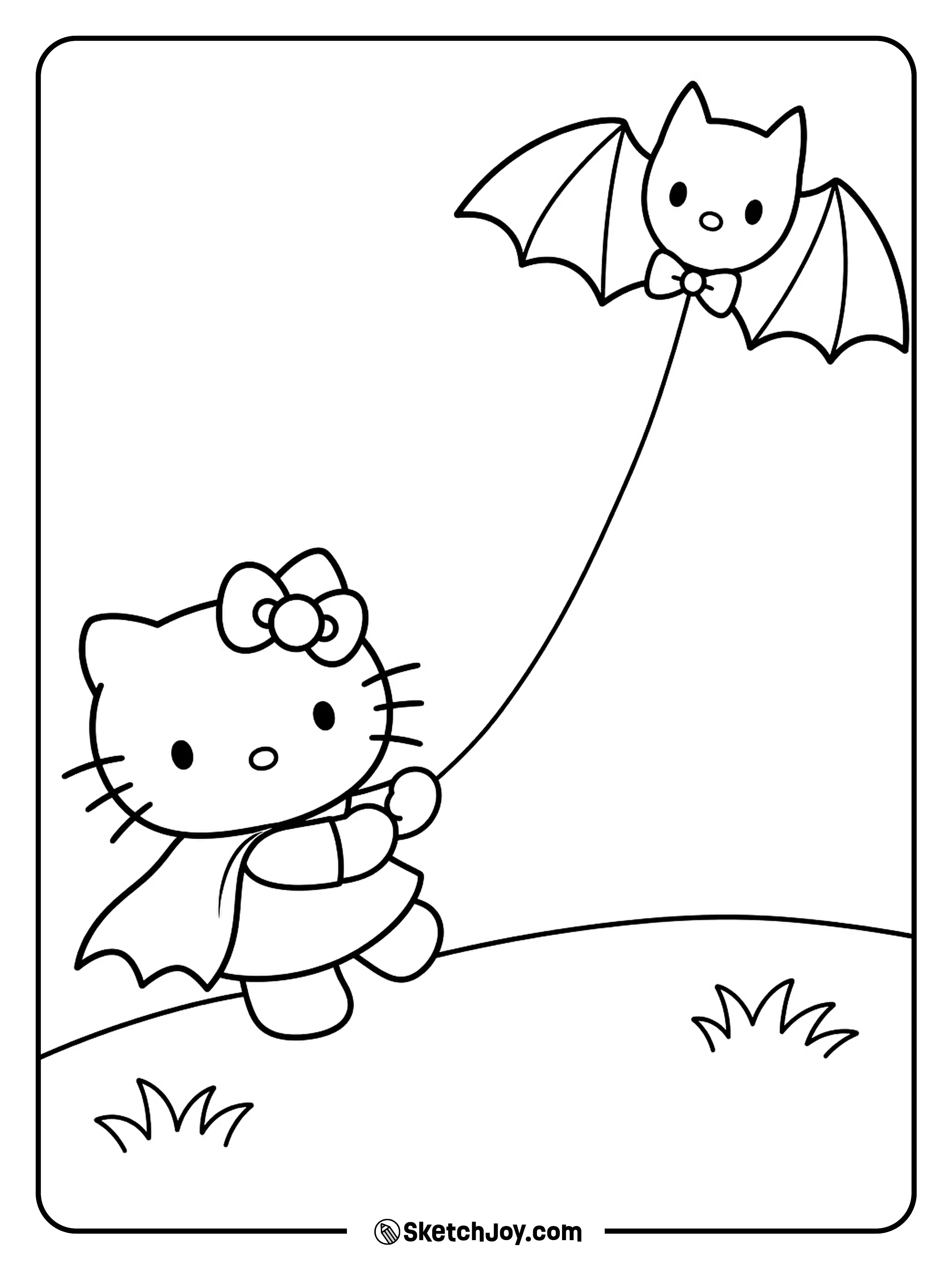 Hello Kitty leans back as her bat kite pulls on its long string.