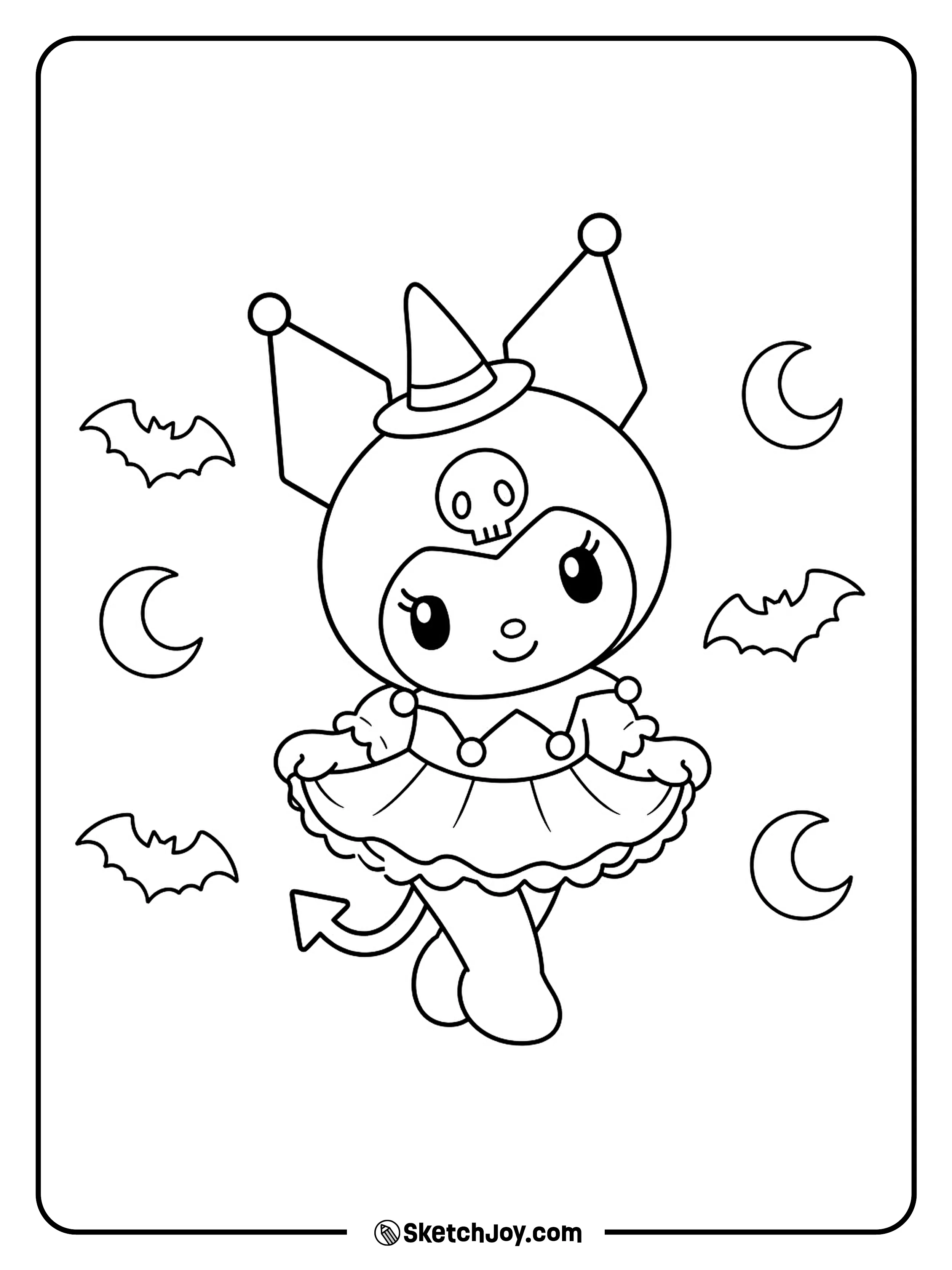 A little witch lifts her skirt as bats and crescent moons drift around her.