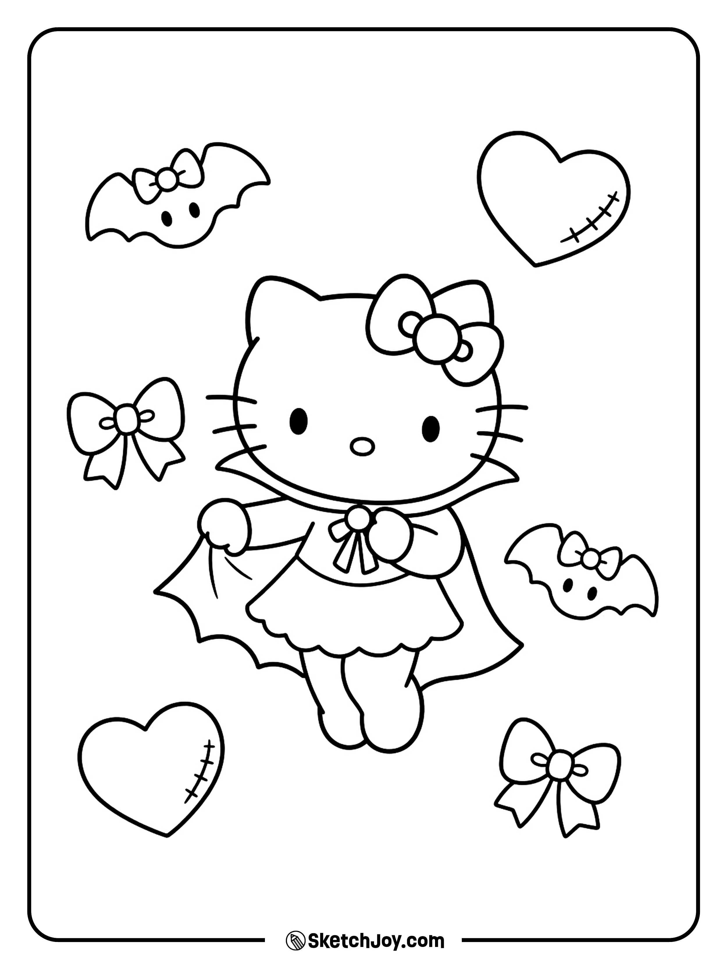 A small curtsy opens the cape beneath a loose pattern of bats and hearts.