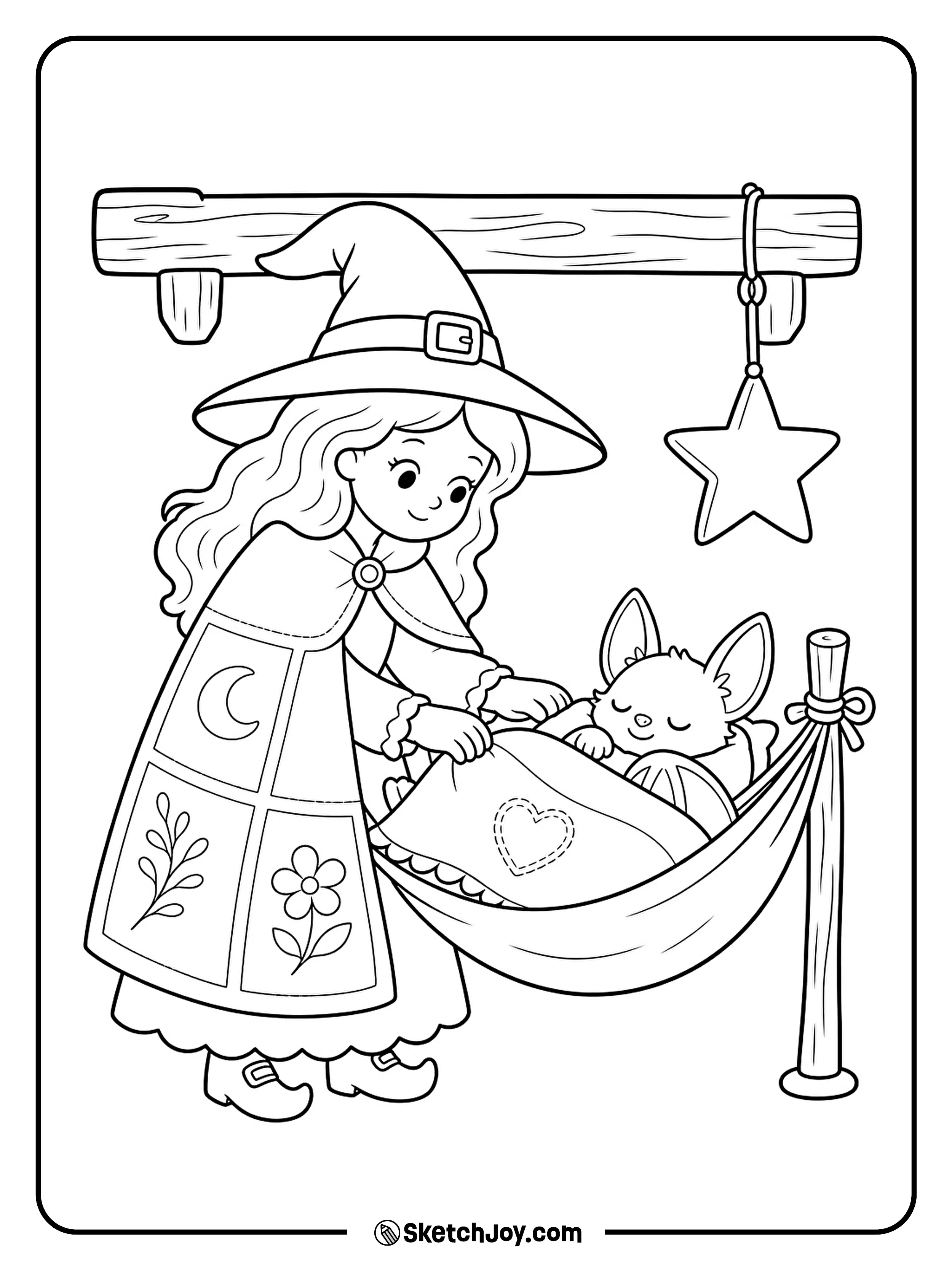 A witch tucks a sleepy bat into a tiny hammock beneath a wooden beam.