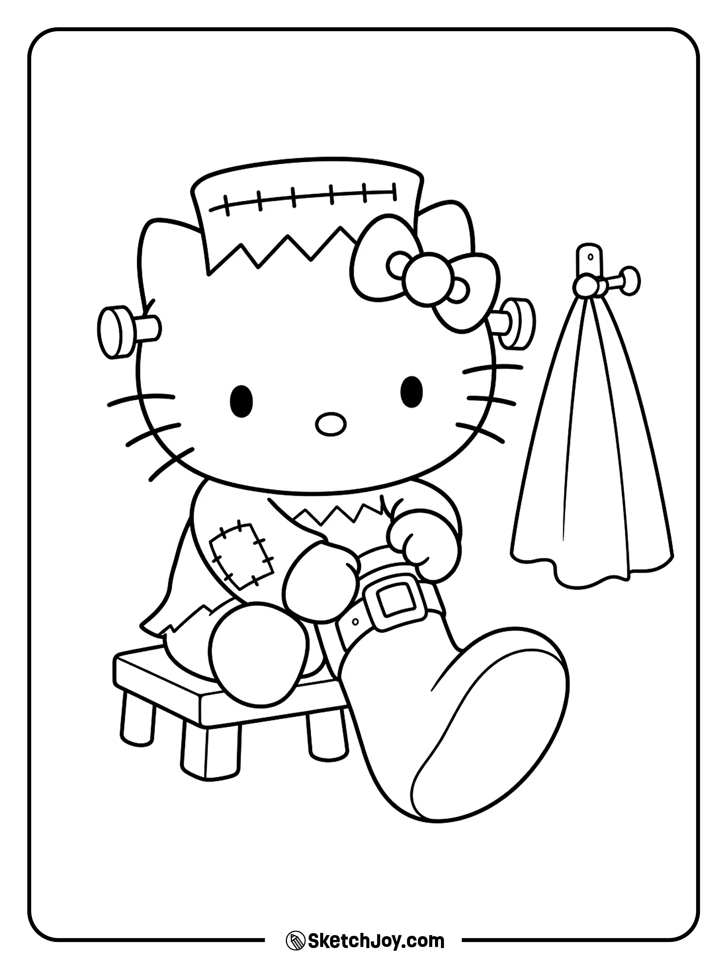 A friendly monster costume needs one last buckle before the party starts.