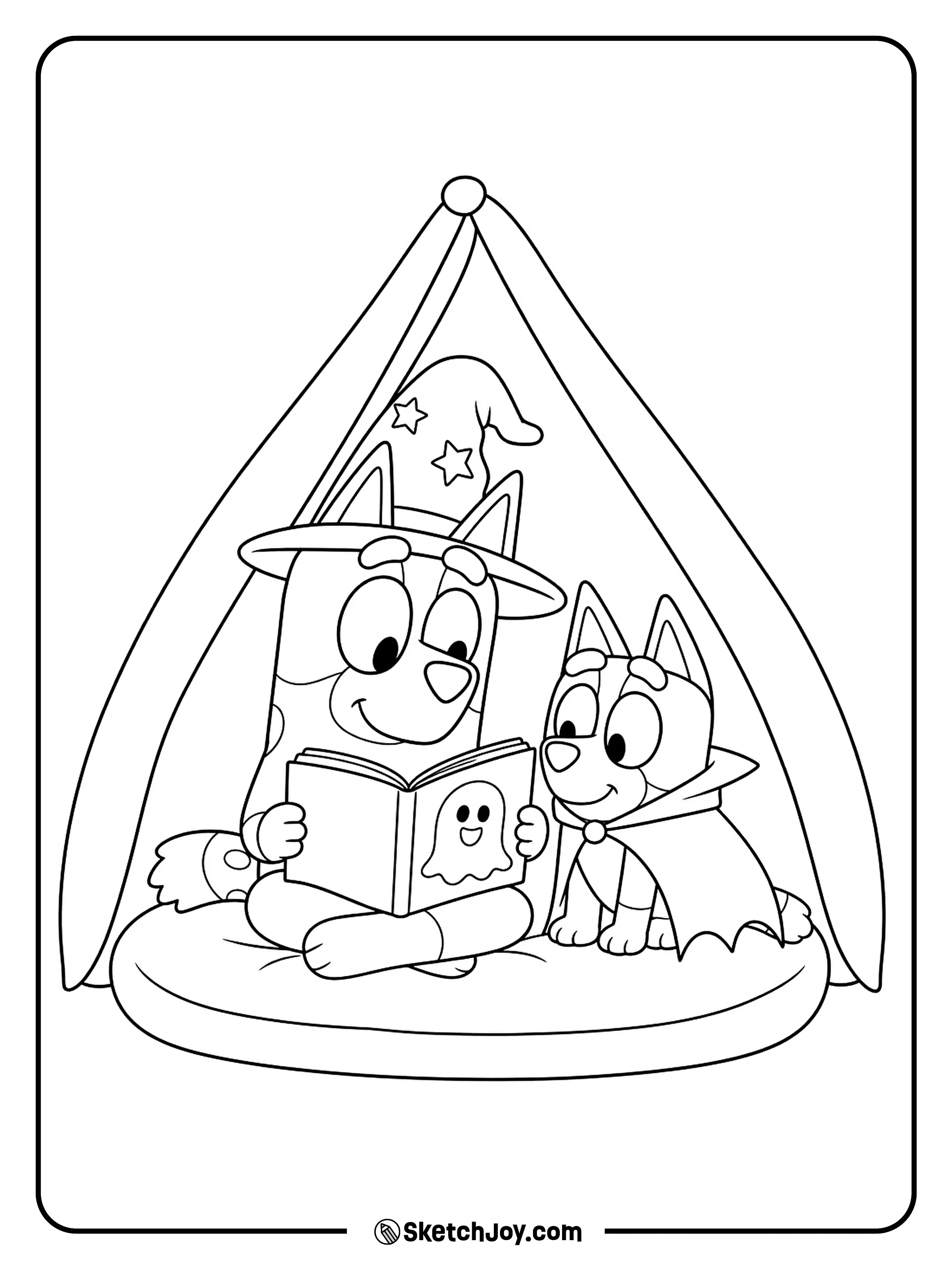 Two sisters share a gentle ghost story inside their blanket tent.