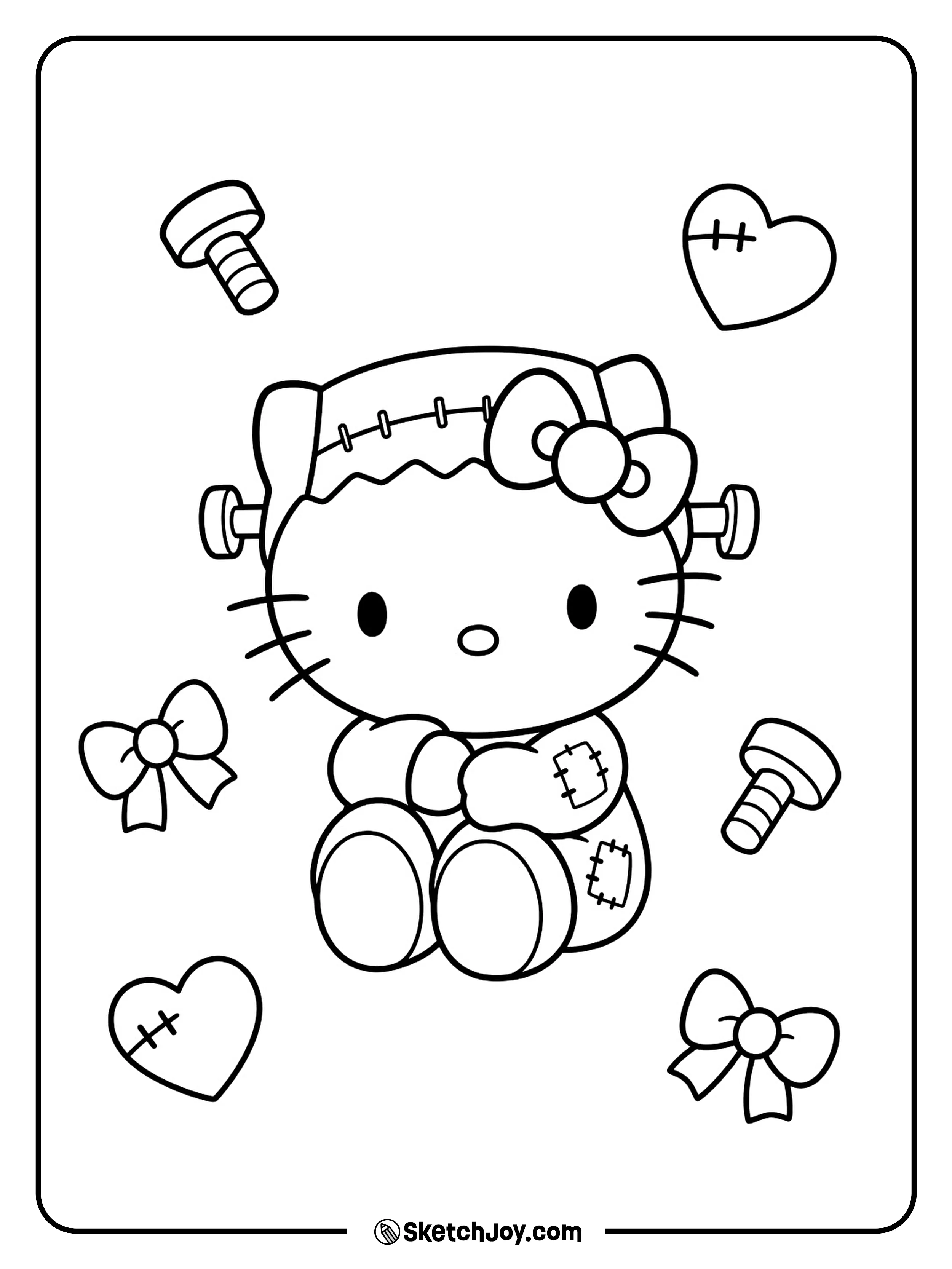 A seated monster costume curls up among soft hearts and rounded toy bolts.