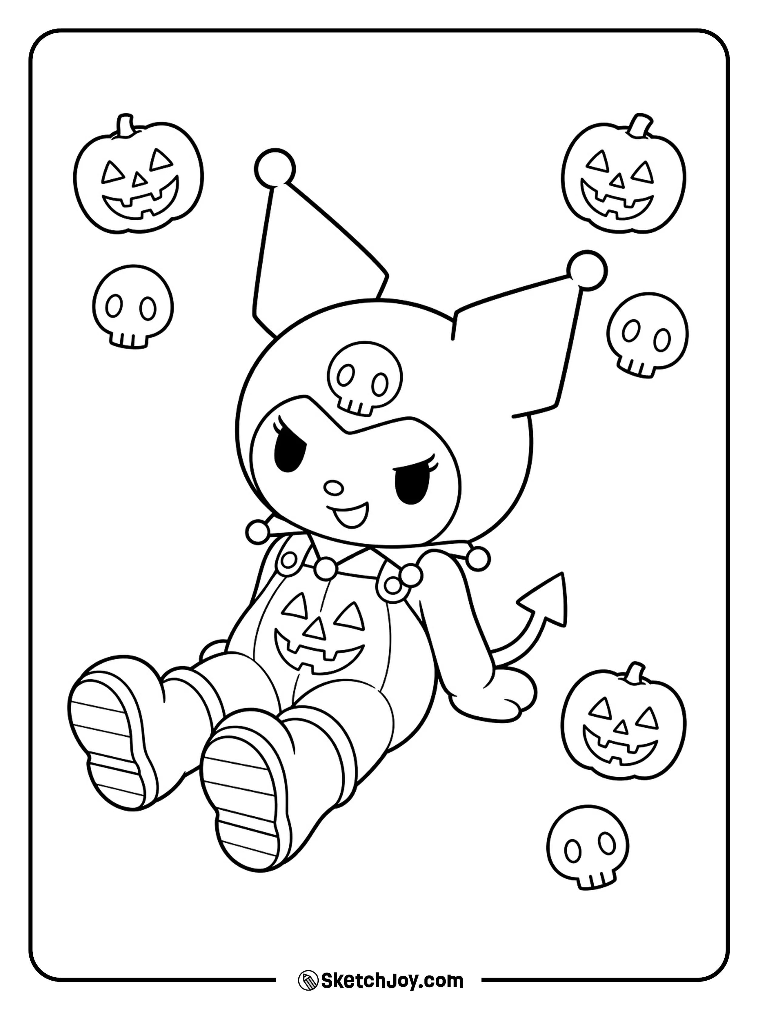 Pumpkin overalls and big boots join a loose pattern of pumpkins and tiny skulls.