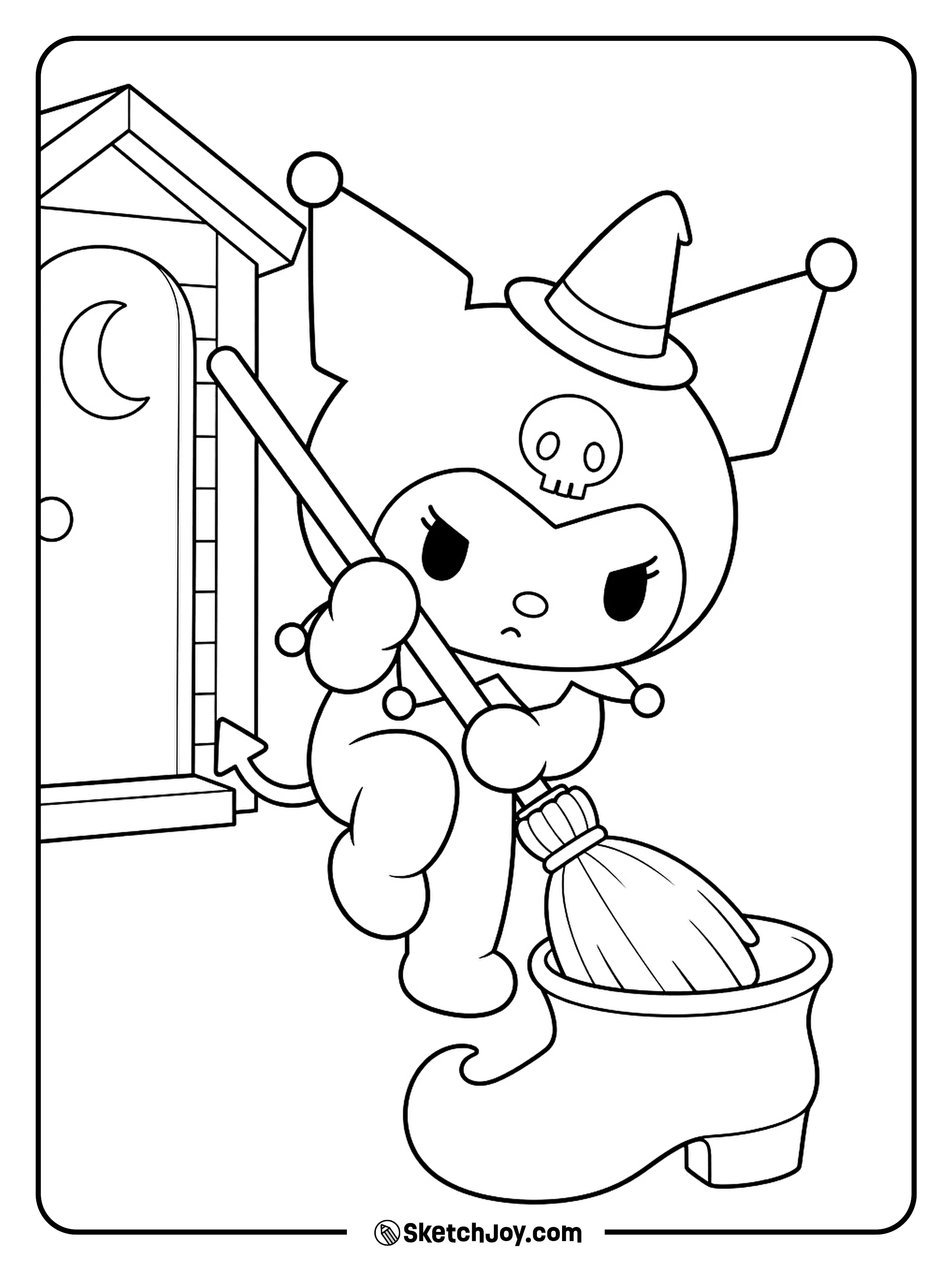 A young witch tries to fit her broom into a boot-shaped stand beside a tiny shed.