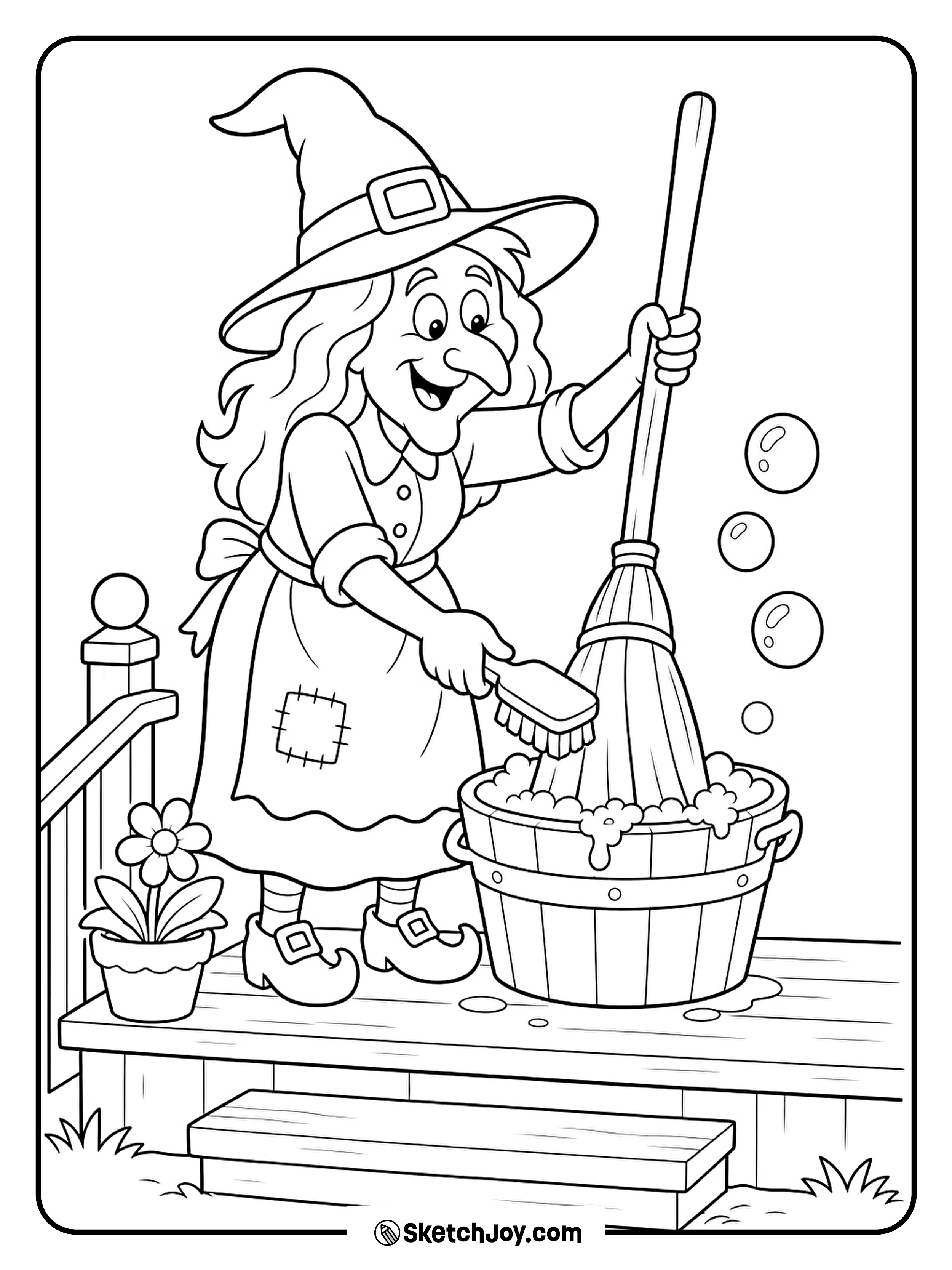 A witch scrubs her broom while soap bubbles drift over the porch.