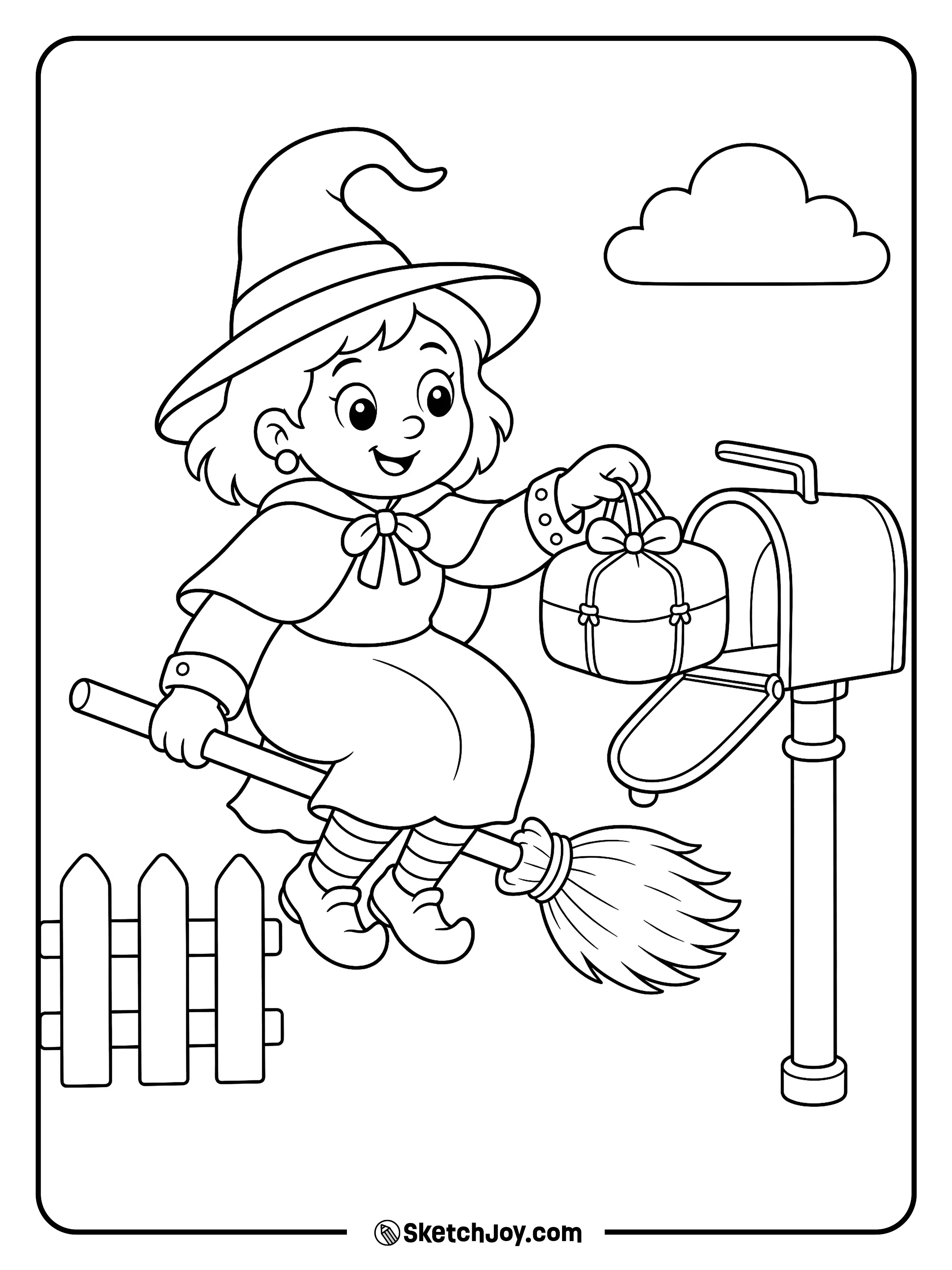 A smiling witch drops a small parcel into a mailbox during her broom ride.