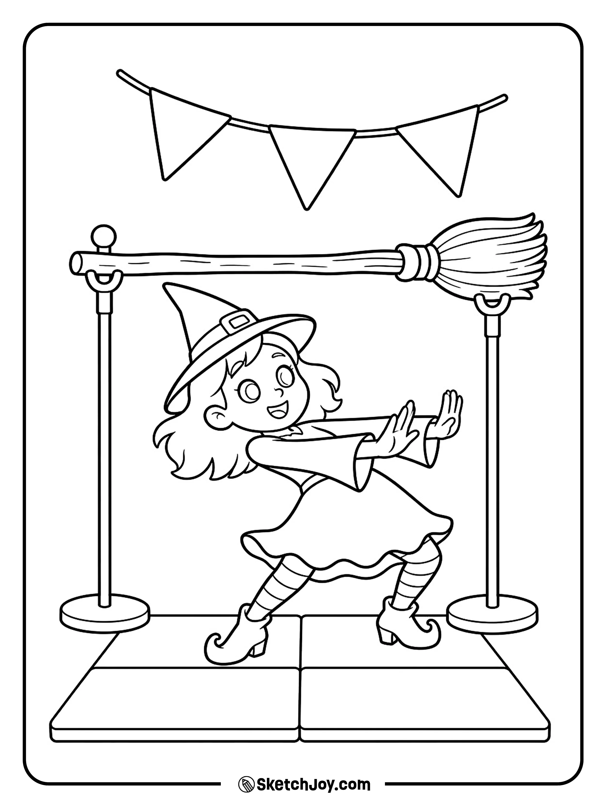 A witch leans back to slip under a broom at her Halloween party.