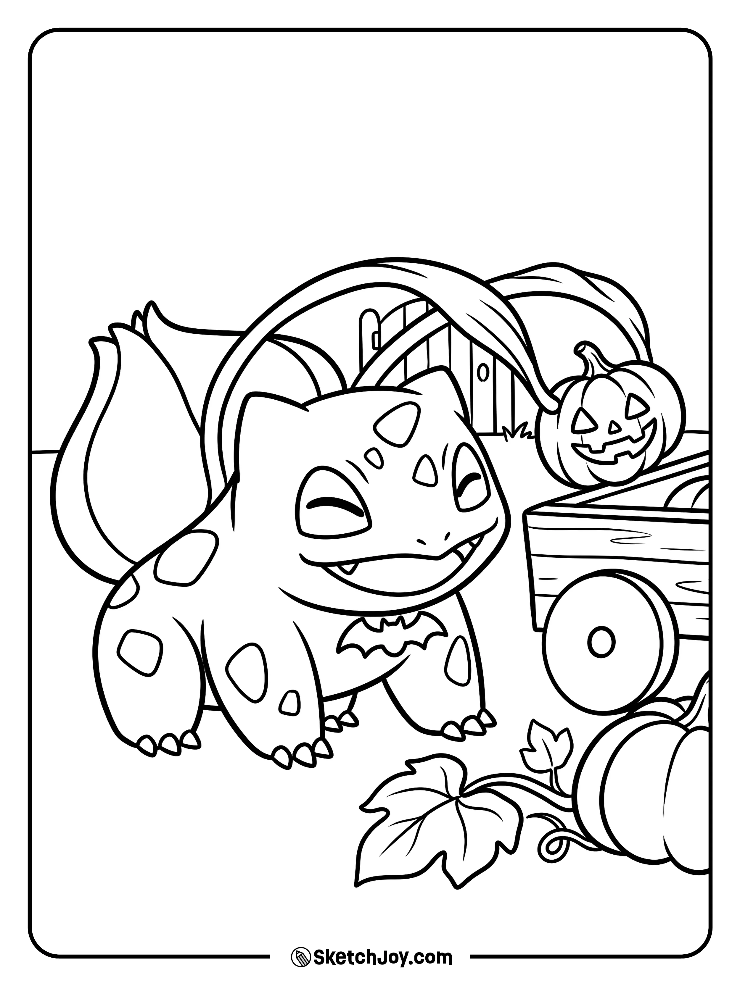 Two long vines lift a smiling pumpkin onto a little wagon at the garden gate.