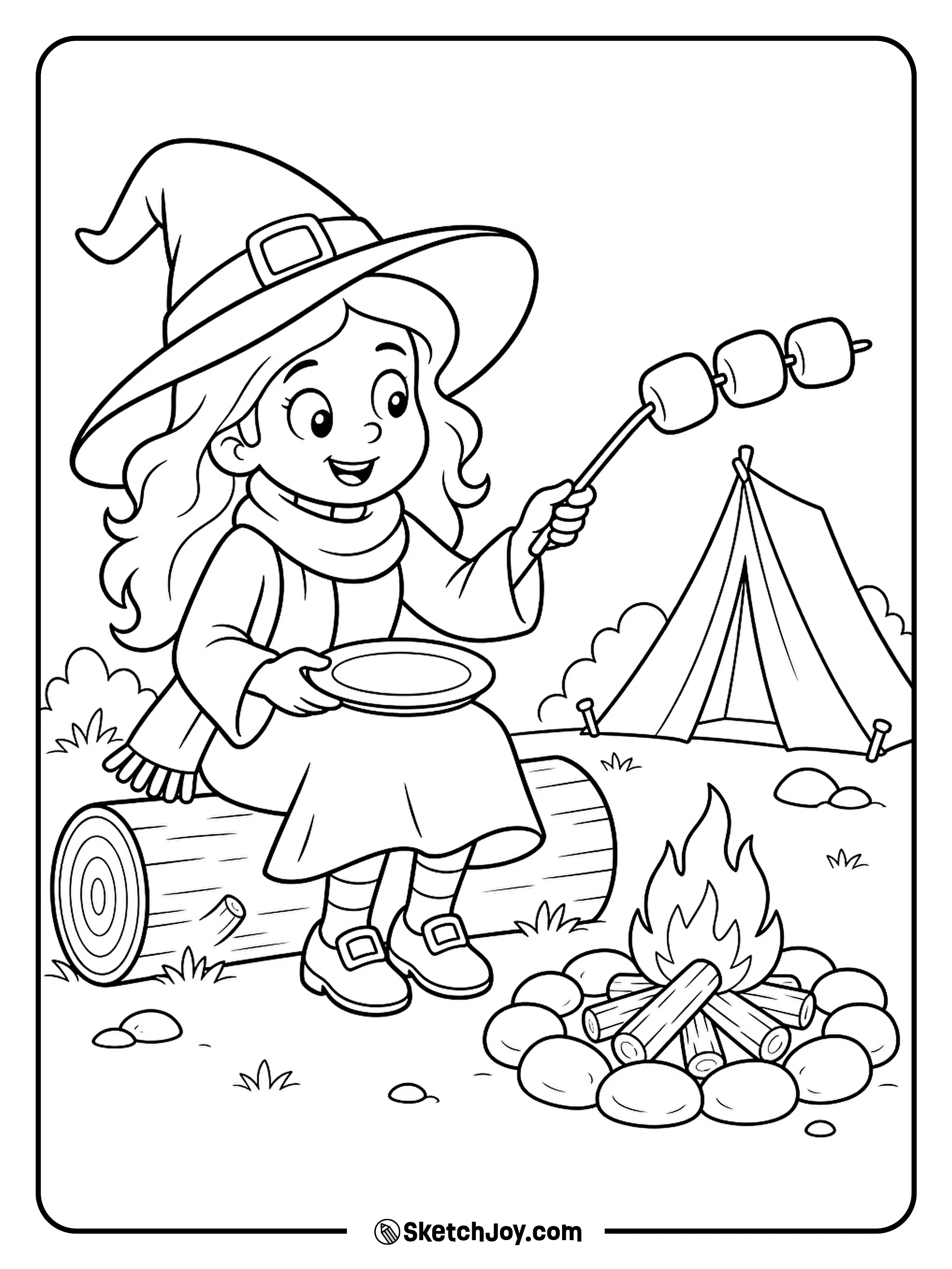 A witch floats three marshmallows over a small campfire beside her tent.