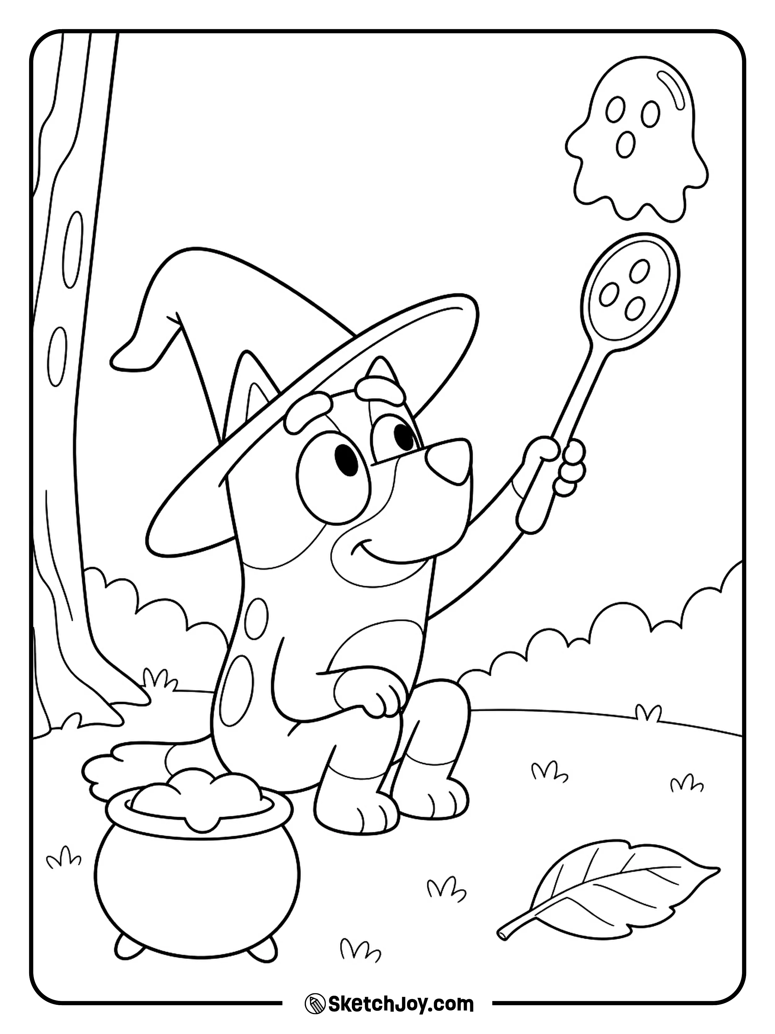 A giant bubble slips out of the cauldron and past a waiting spoon.