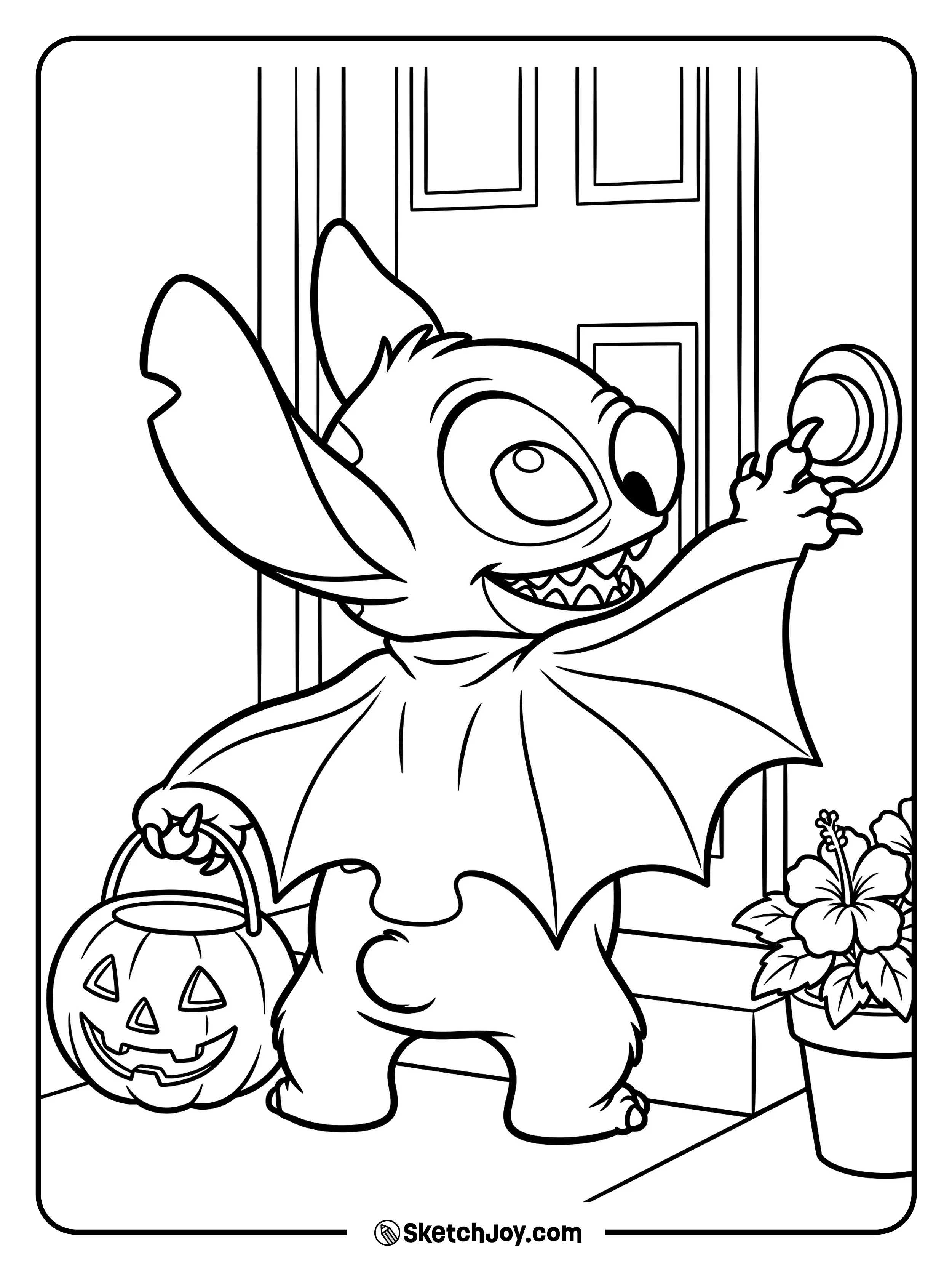 A winged visitor rings the bell with an empty treat bucket ready.