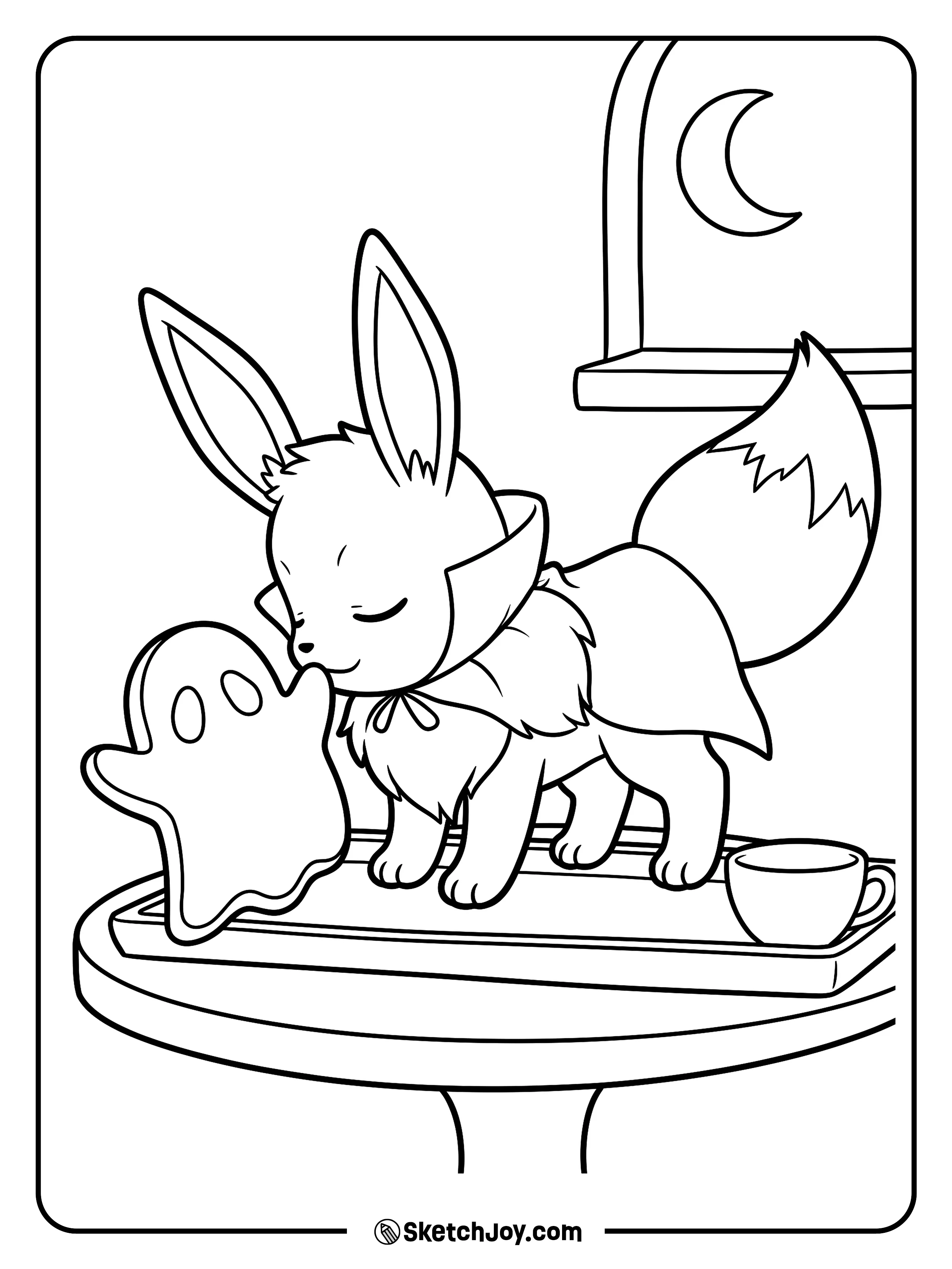 A careful nose nudge slides a ghost-shaped cookie across a tiny tea tray.