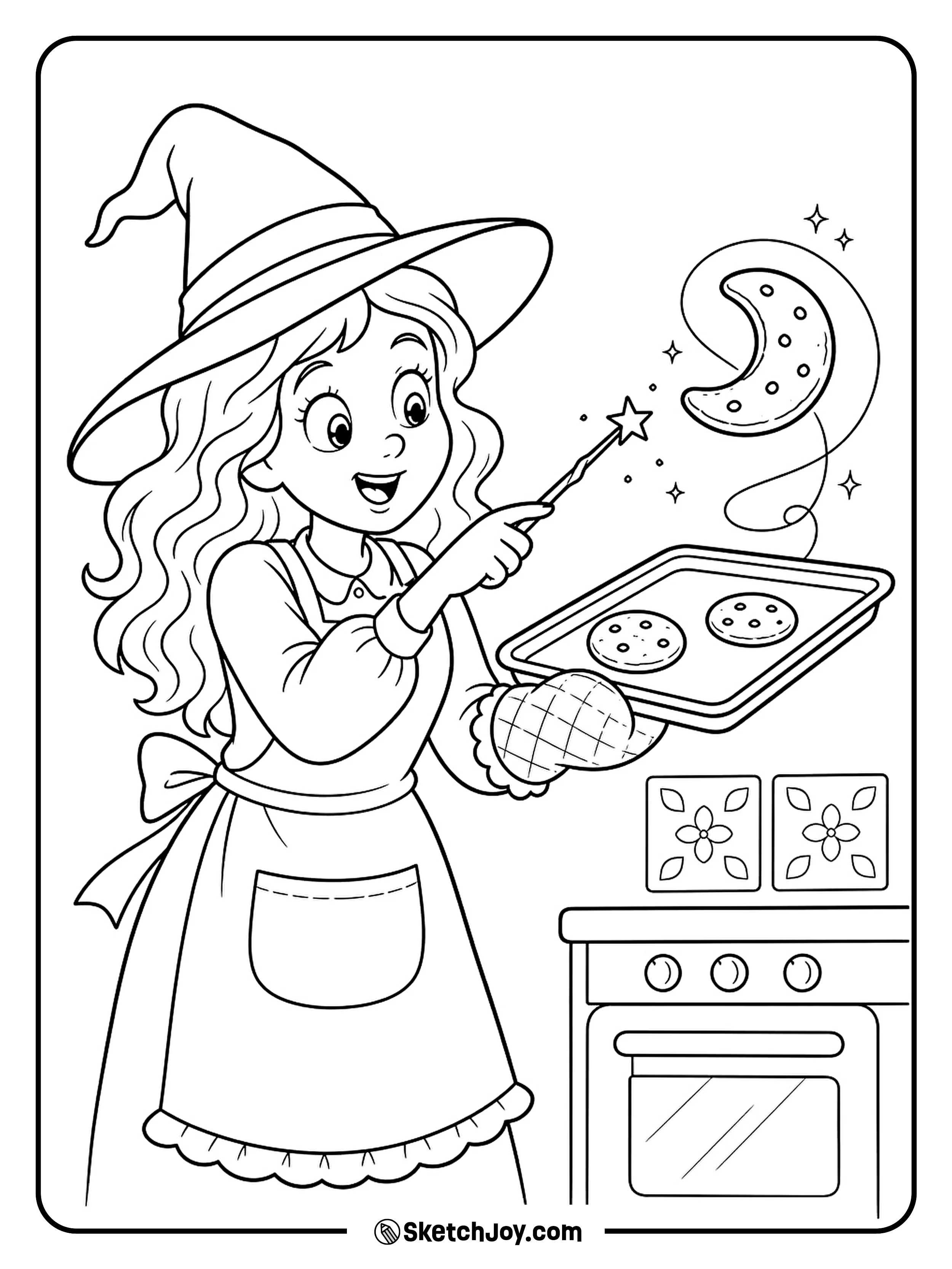 A quick wand spell catches a moon cookie as it slips from a witch's tray.