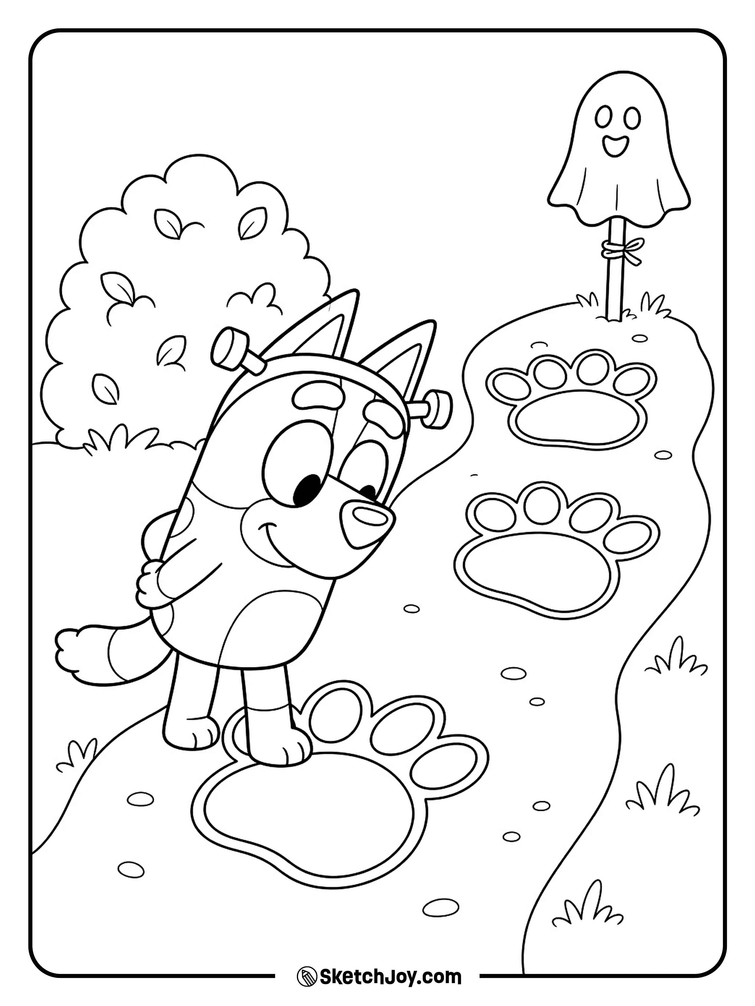 Three giant footprints lead a curious pup along a garden path.