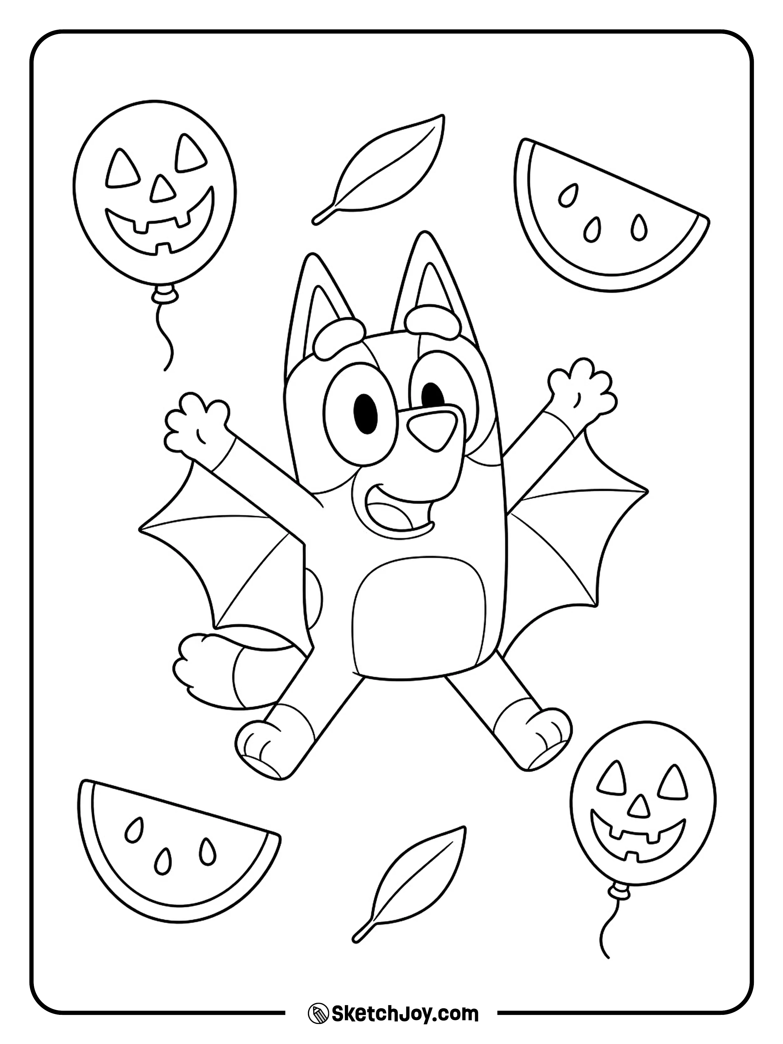 A joyful jump sends broad wings out among fruit slices and leaves.