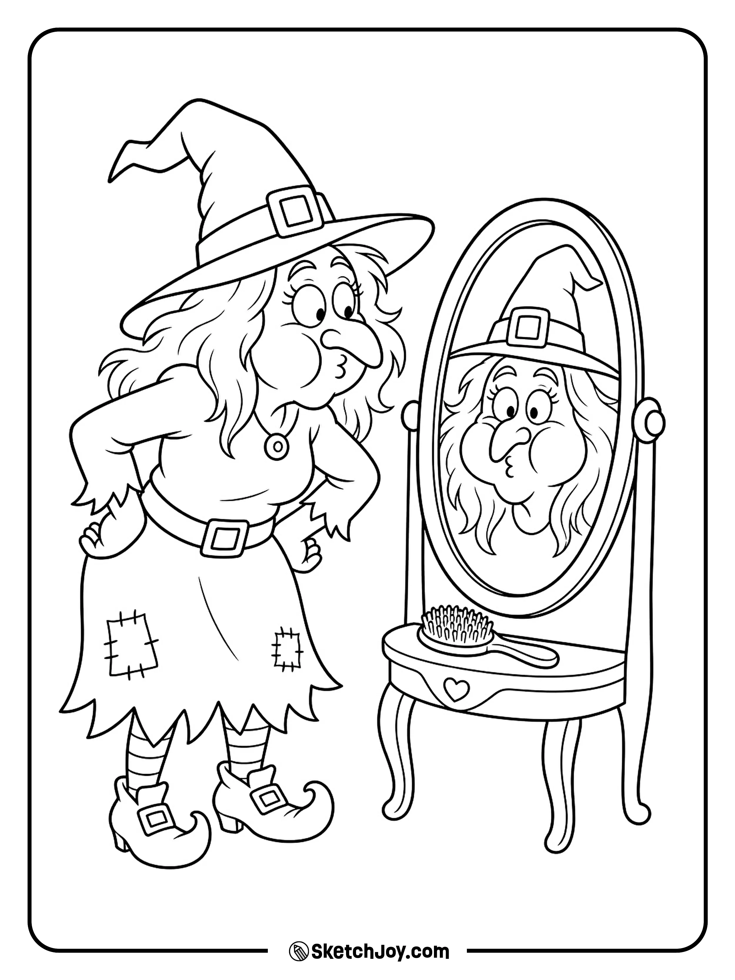 A witch puffs out her cheeks at a mirror that copies her silly face.