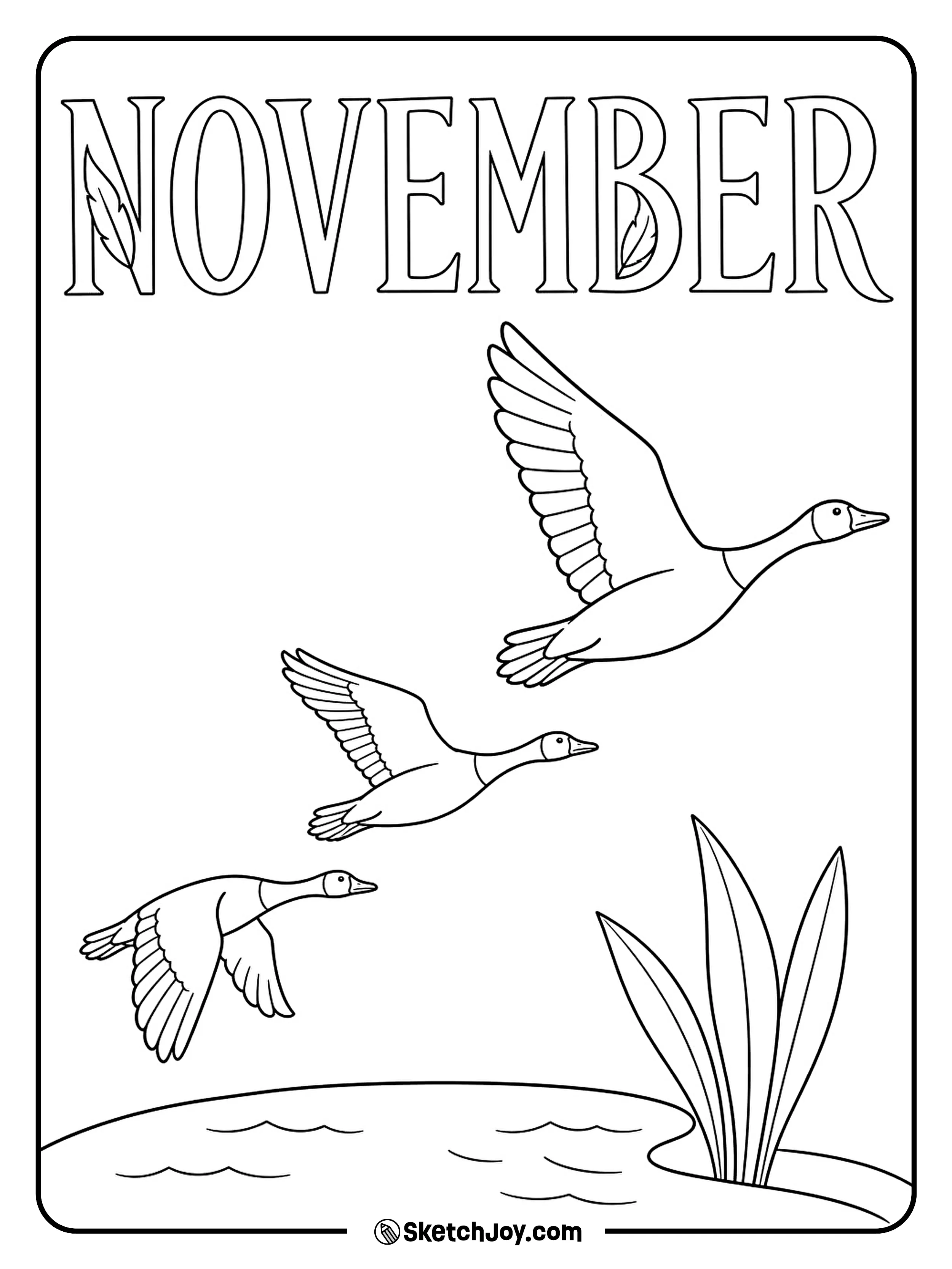 Three geese fly over a quiet pond and one clump of reeds.