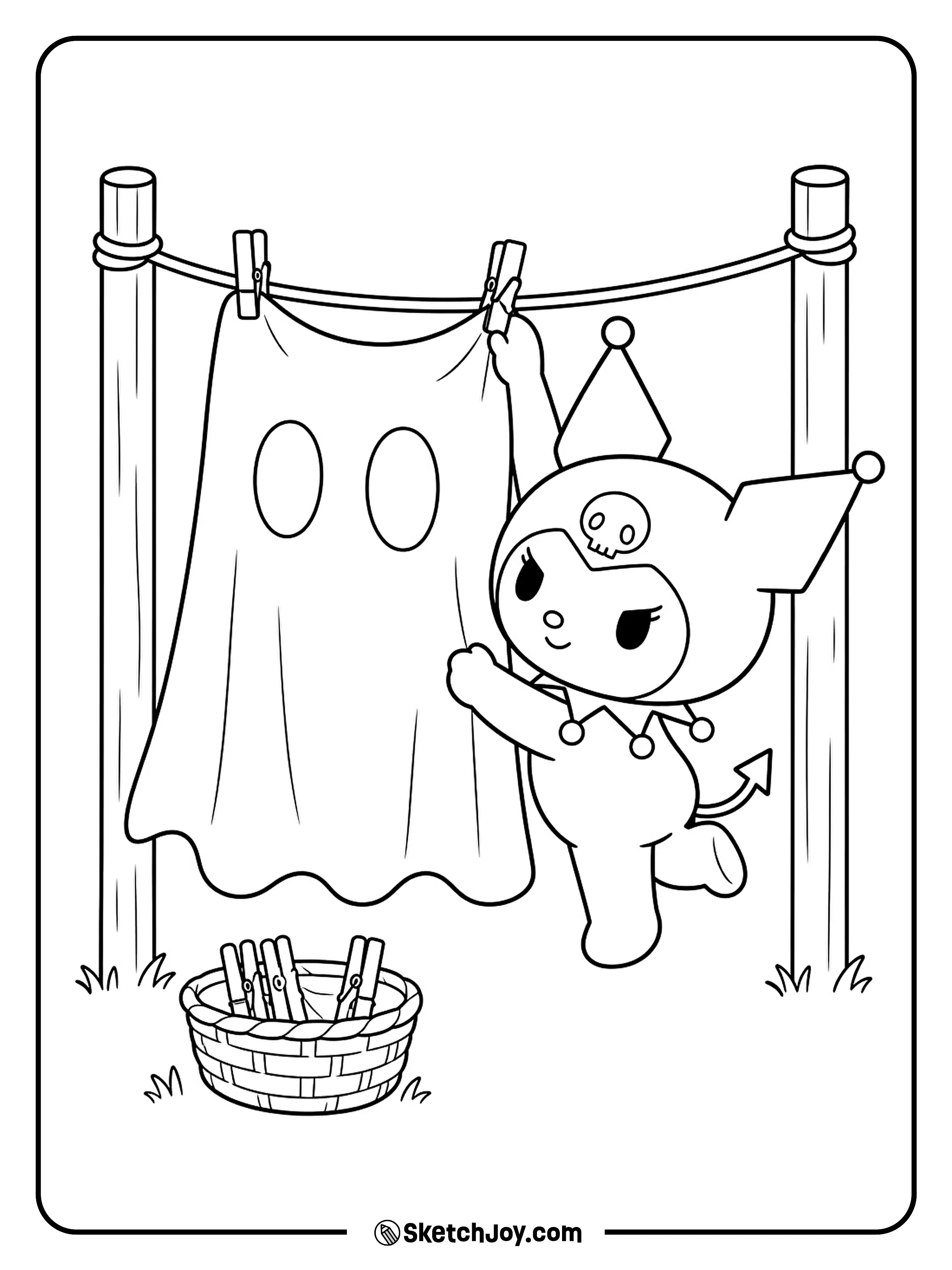 A ghost costume flaps on the clothesline as its last peg goes into place.