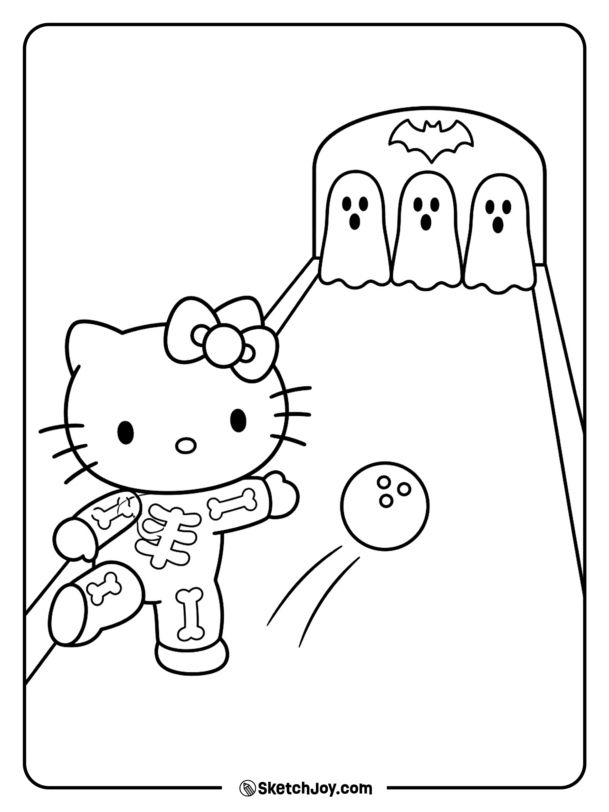 Hello Kitty rolls a ball toward three ghost pins in her bone-print suit.