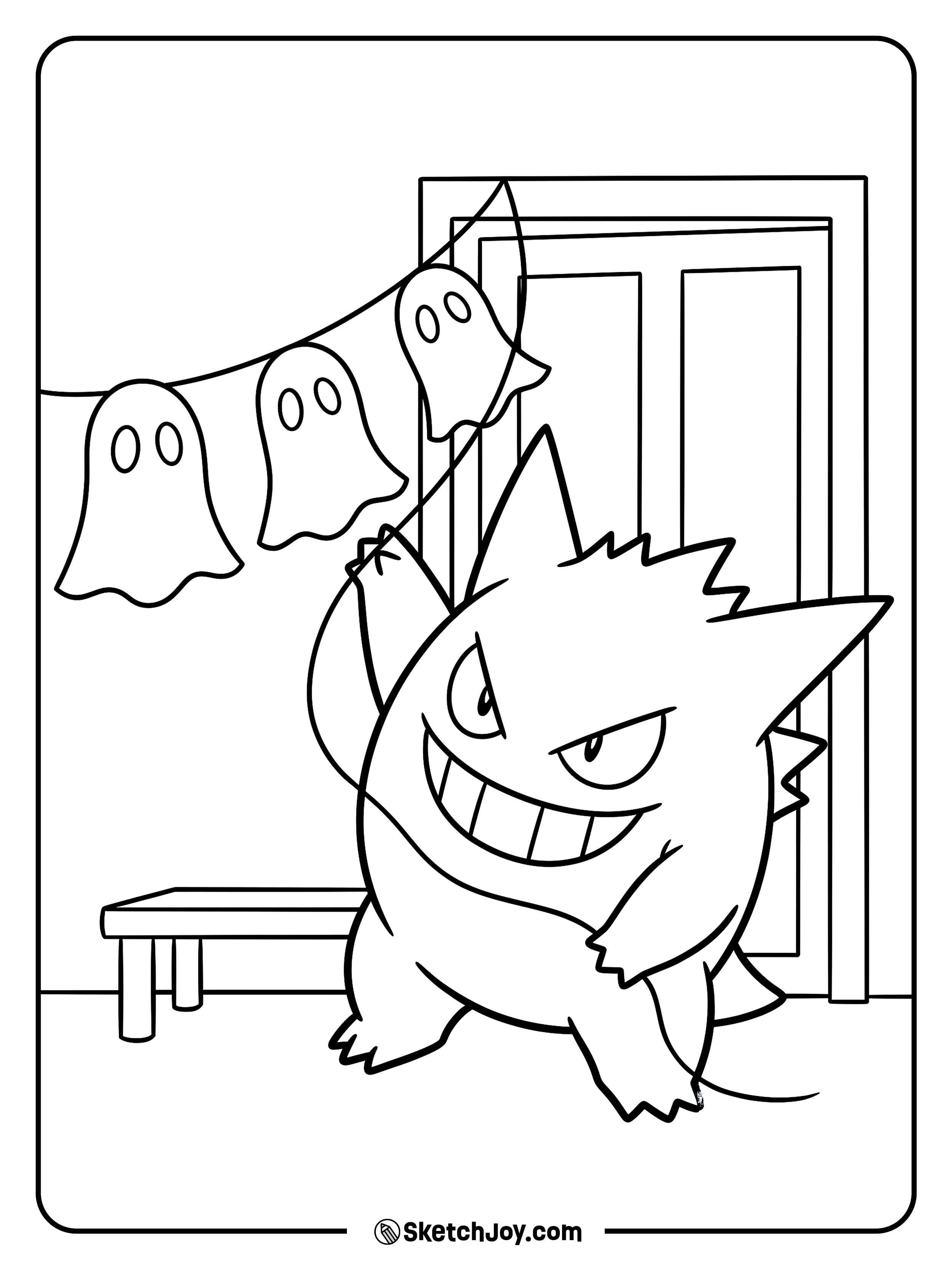 Gengar reaches high to hang the last paper ghost over a small party entrance.