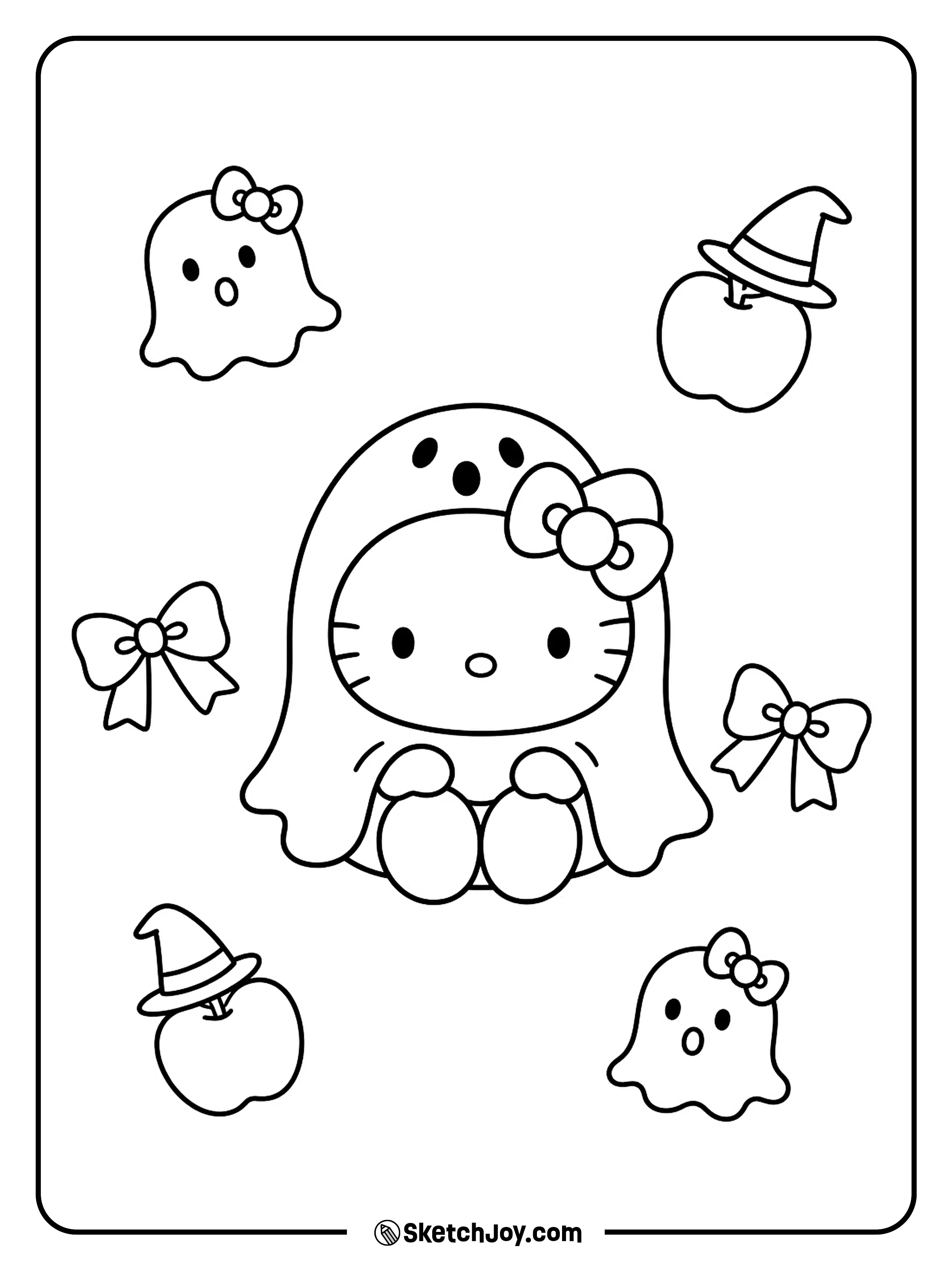 A seated ghost costume is surrounded by apples and soft little ghost shapes.
