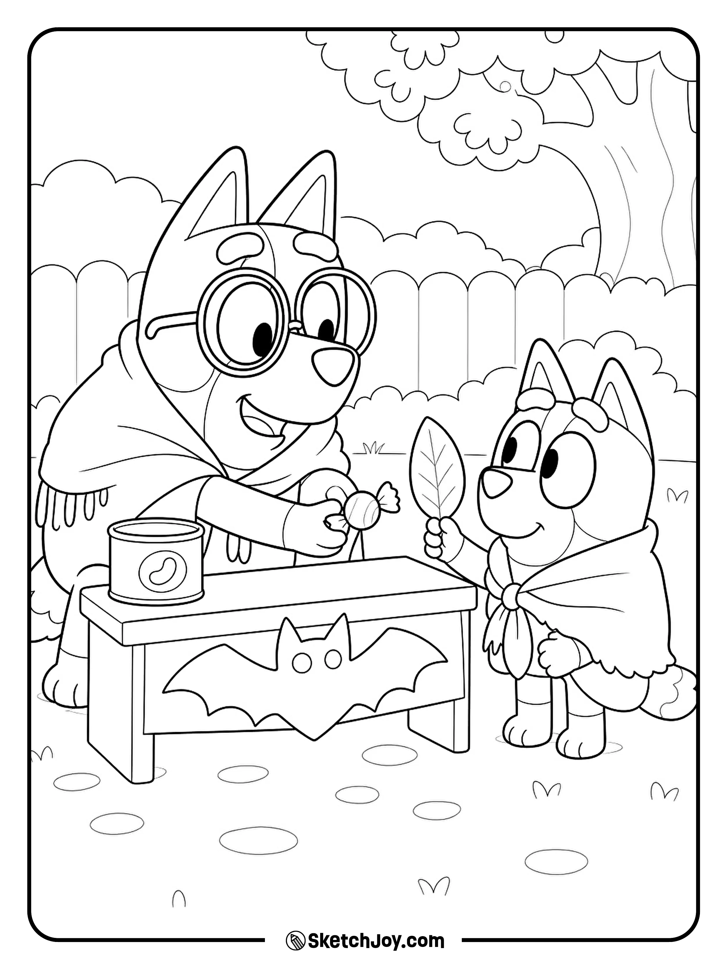 Janet trades a sweet for Rita's leaf money at their tiny stall.