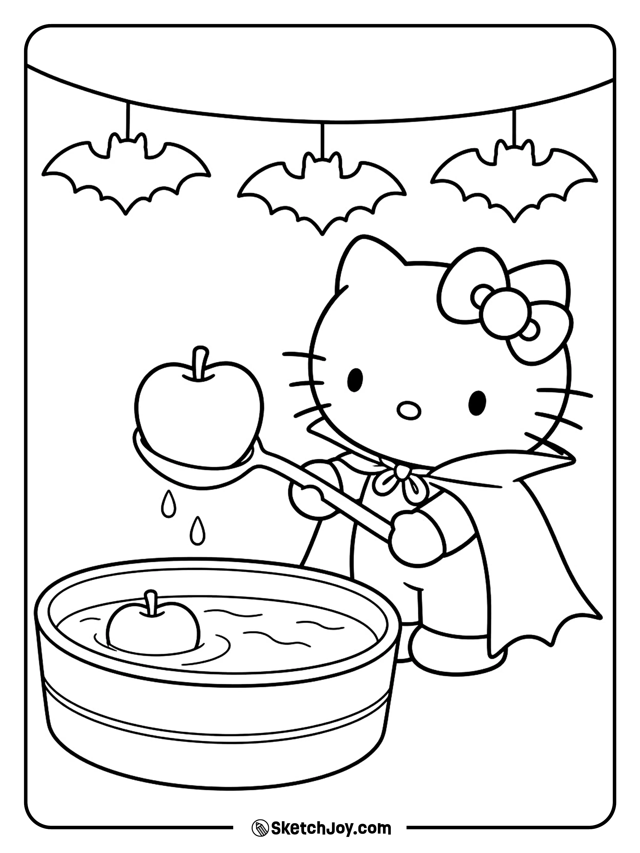 A long spoon lifts one apple from the tub beneath a row of paper bats.