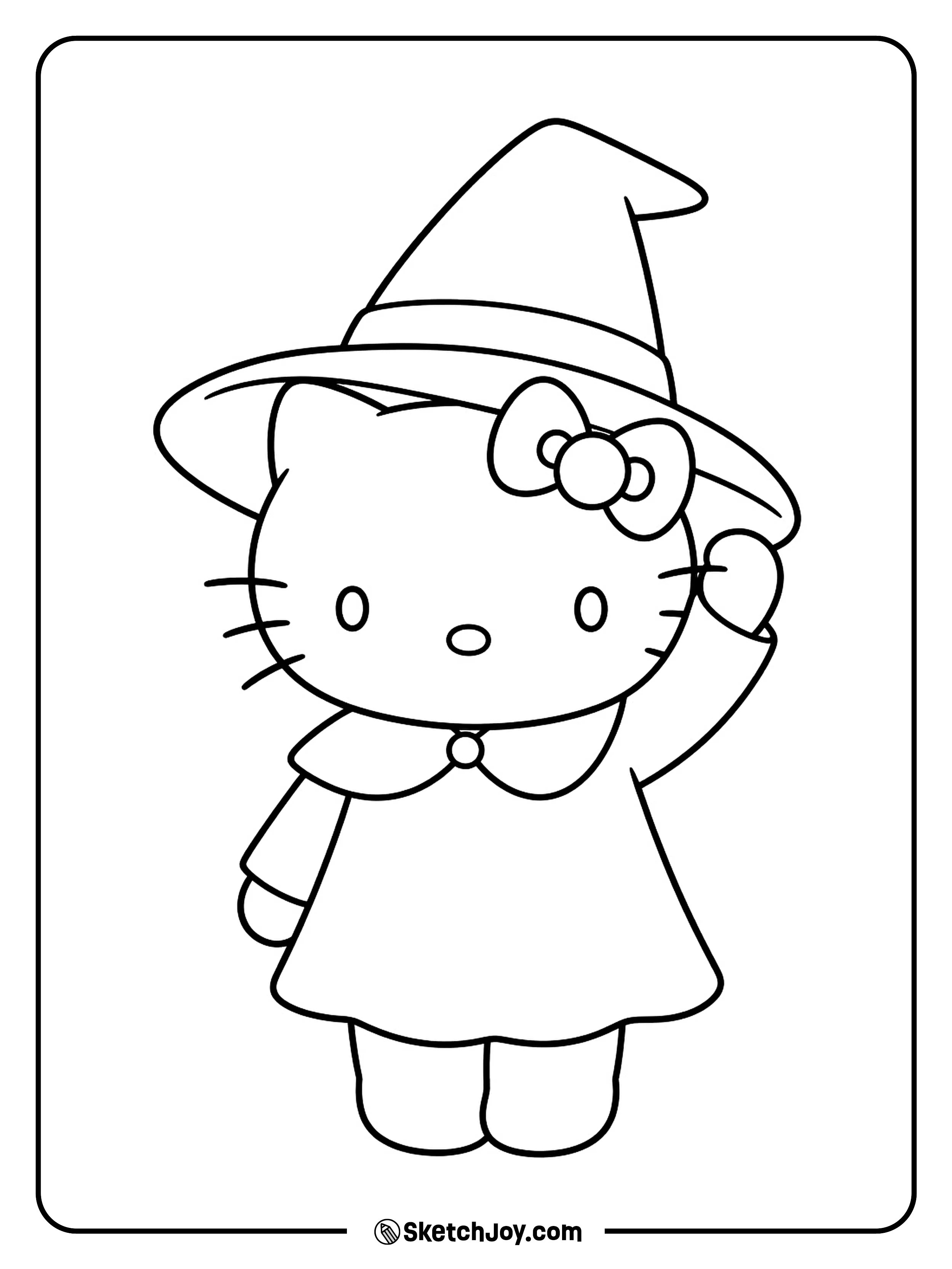 One paw tips the pointed hat while two small feet stay neatly together.
