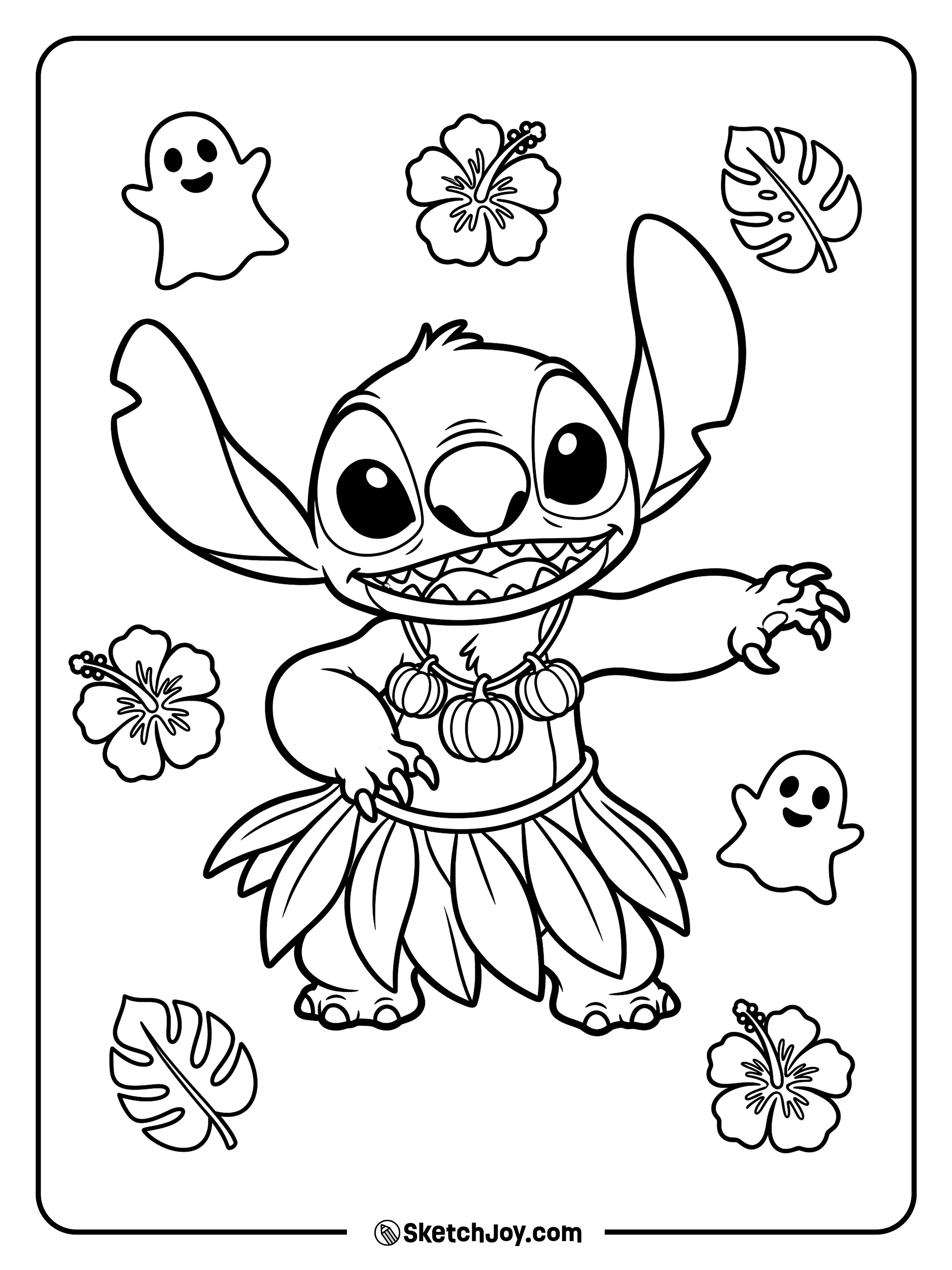 Ghosts and tropical leaves float around a dancer in a pumpkin necklace.