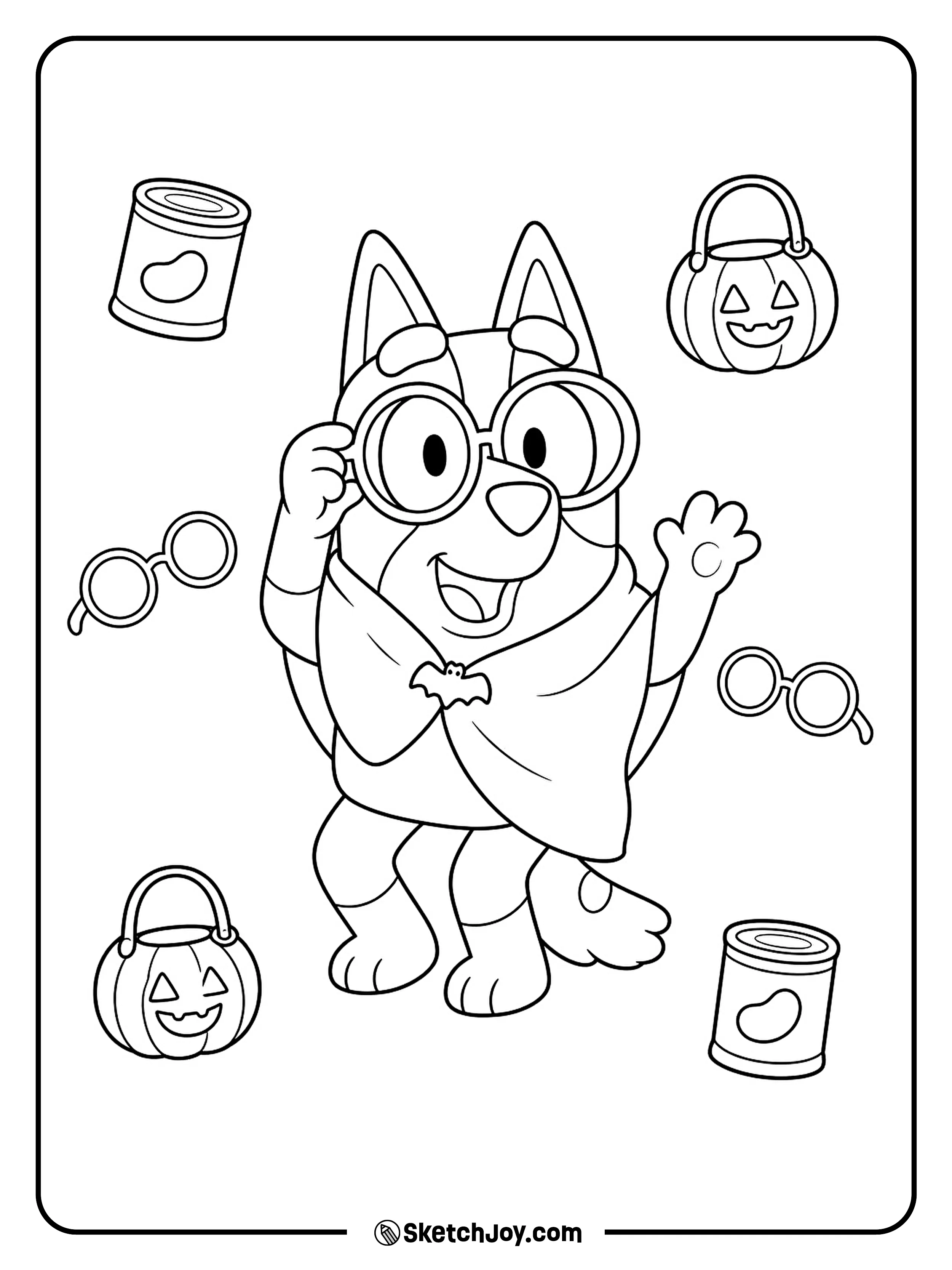 Round glasses, bean tins, and tiny treat bags float around a cheerful granny.