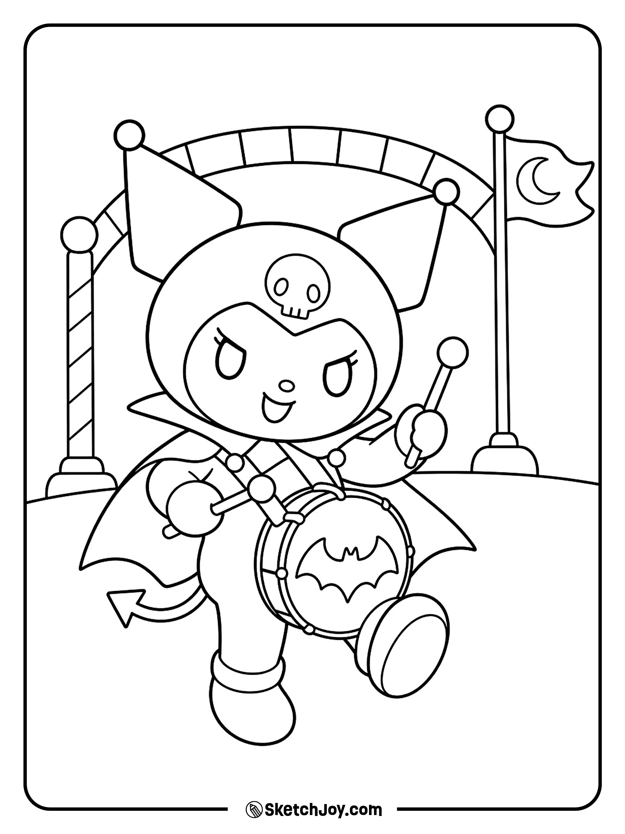 A tiny drummer lifts one knee high as she leads her own costume parade.
