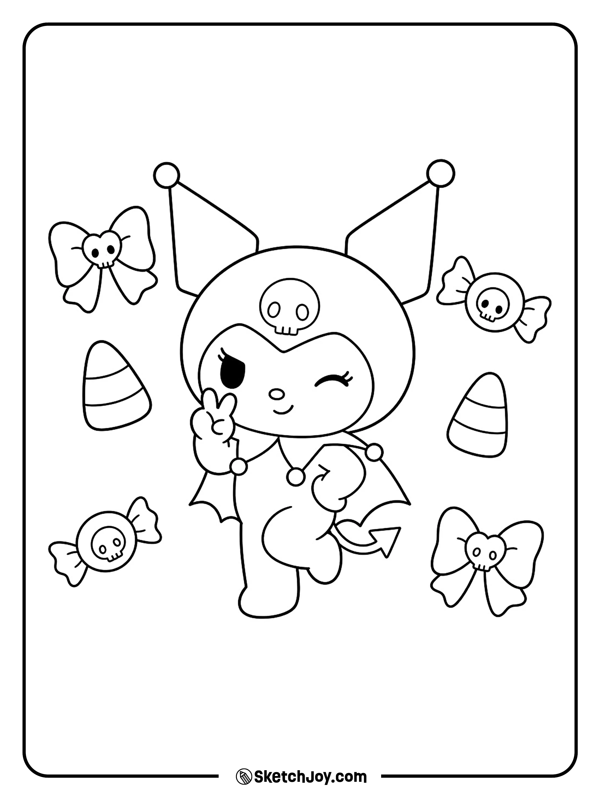 A cheeky wink sits among floating bows, candy corn, and skull-shaped sweets.