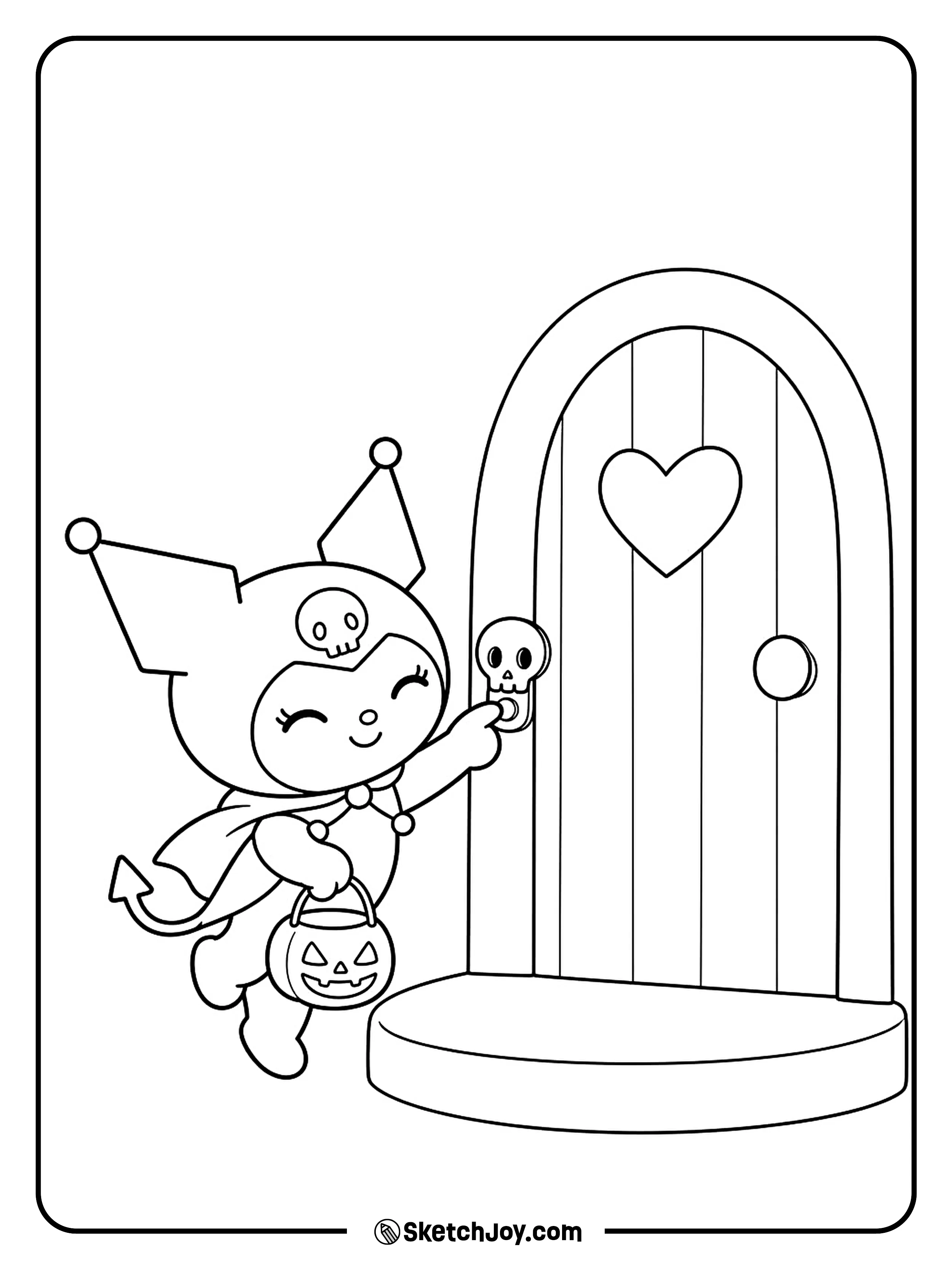 A tiny trick-or-treater reaches for a skull doorbell while keeping her treat bucket close.