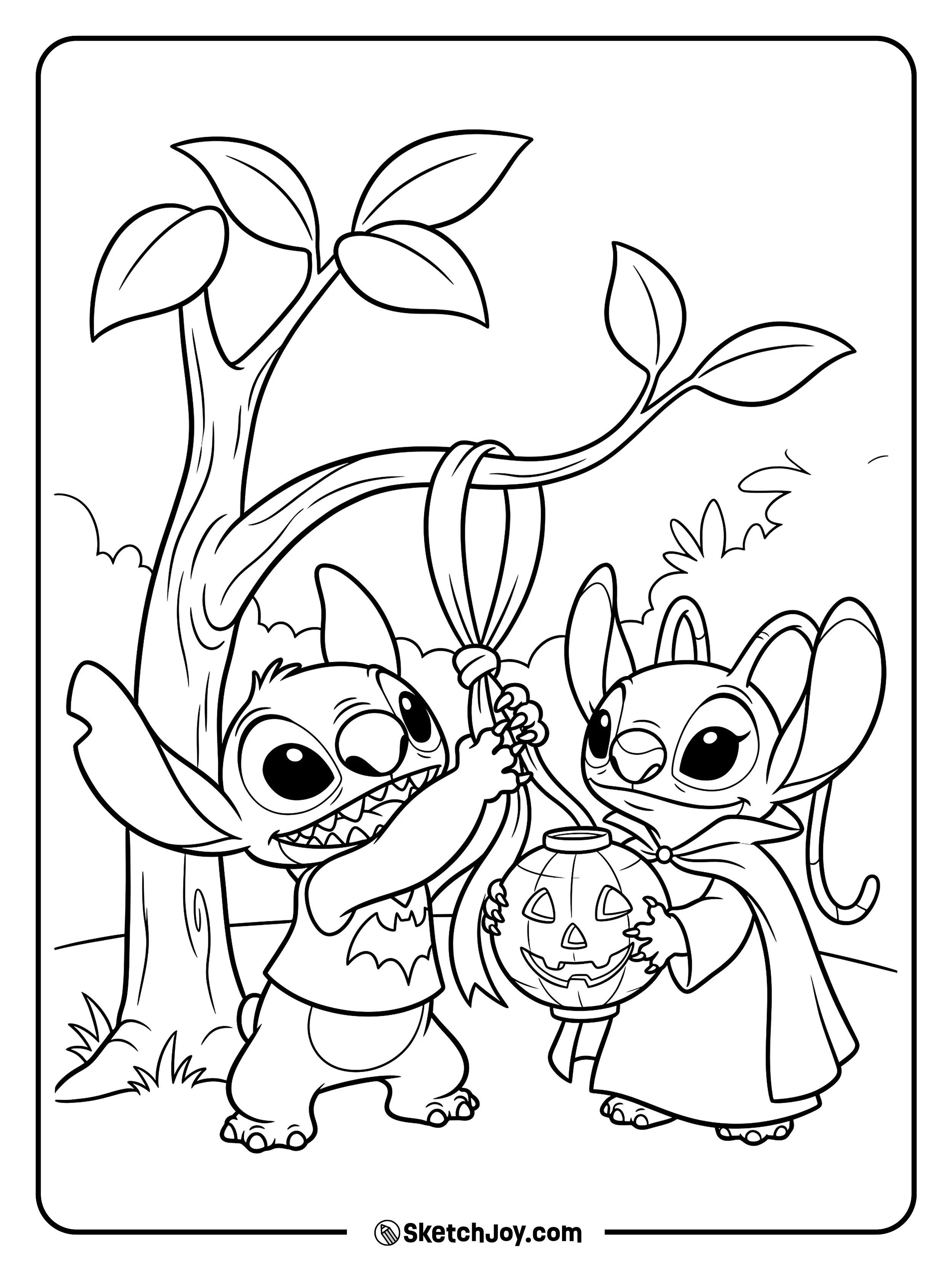 Angel steadies a paper lantern while Stitch ties it to a low branch.