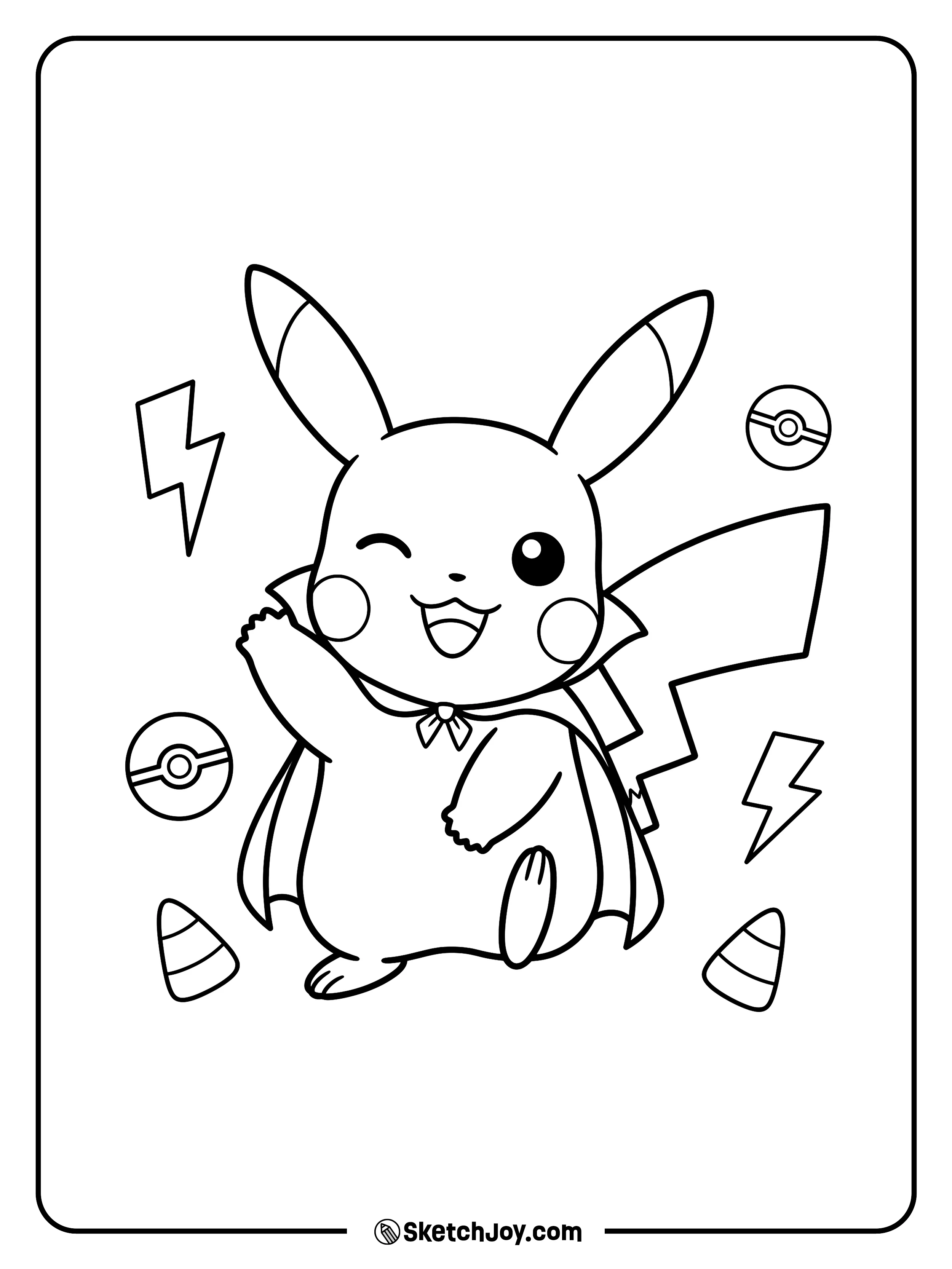 A happy wink joins floating lightning bolts, round Poké Balls, and candy corn.