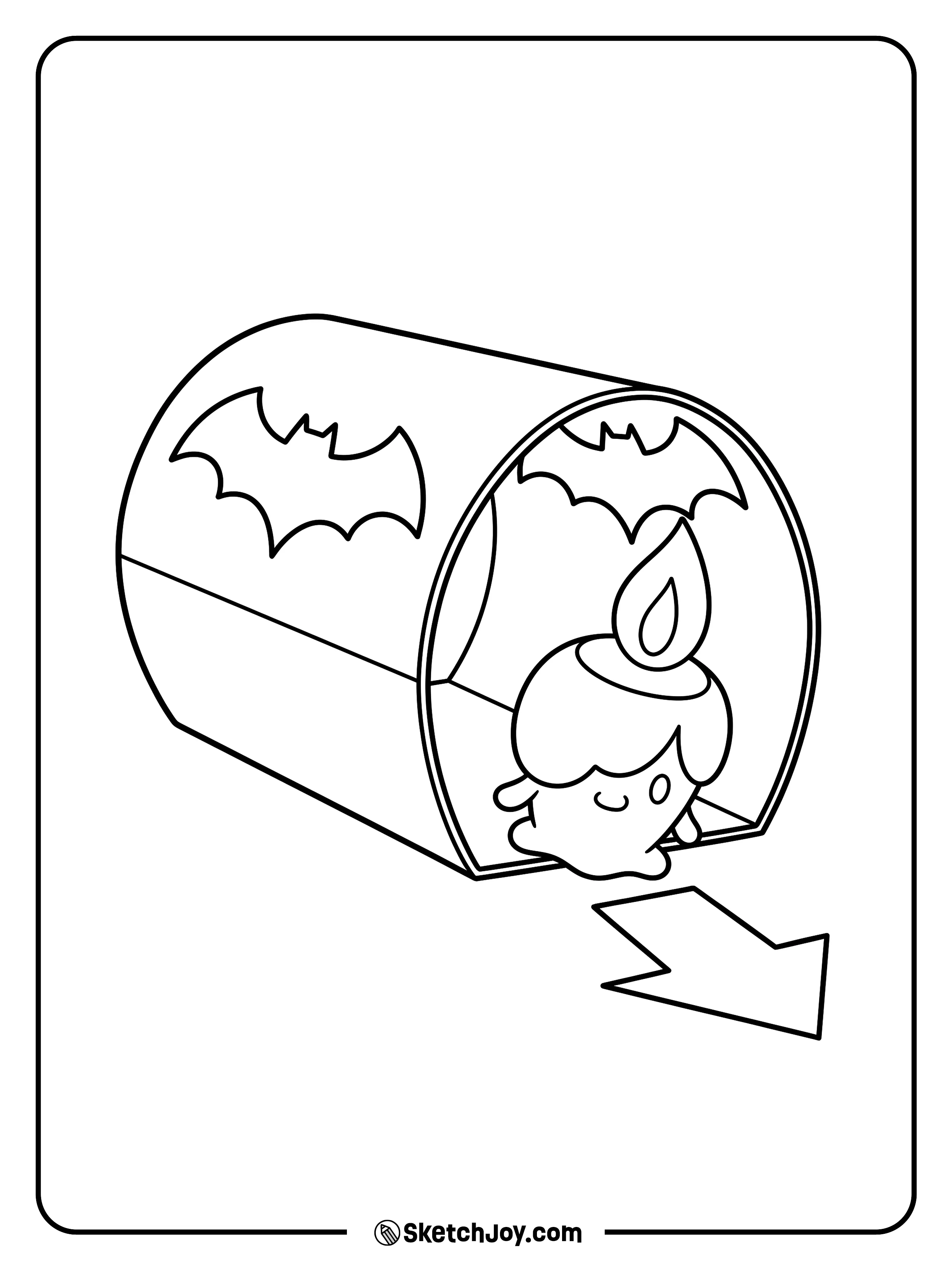 A tiny candle follows a paper arrow into a short cardboard tunnel with bat-shaped windows.