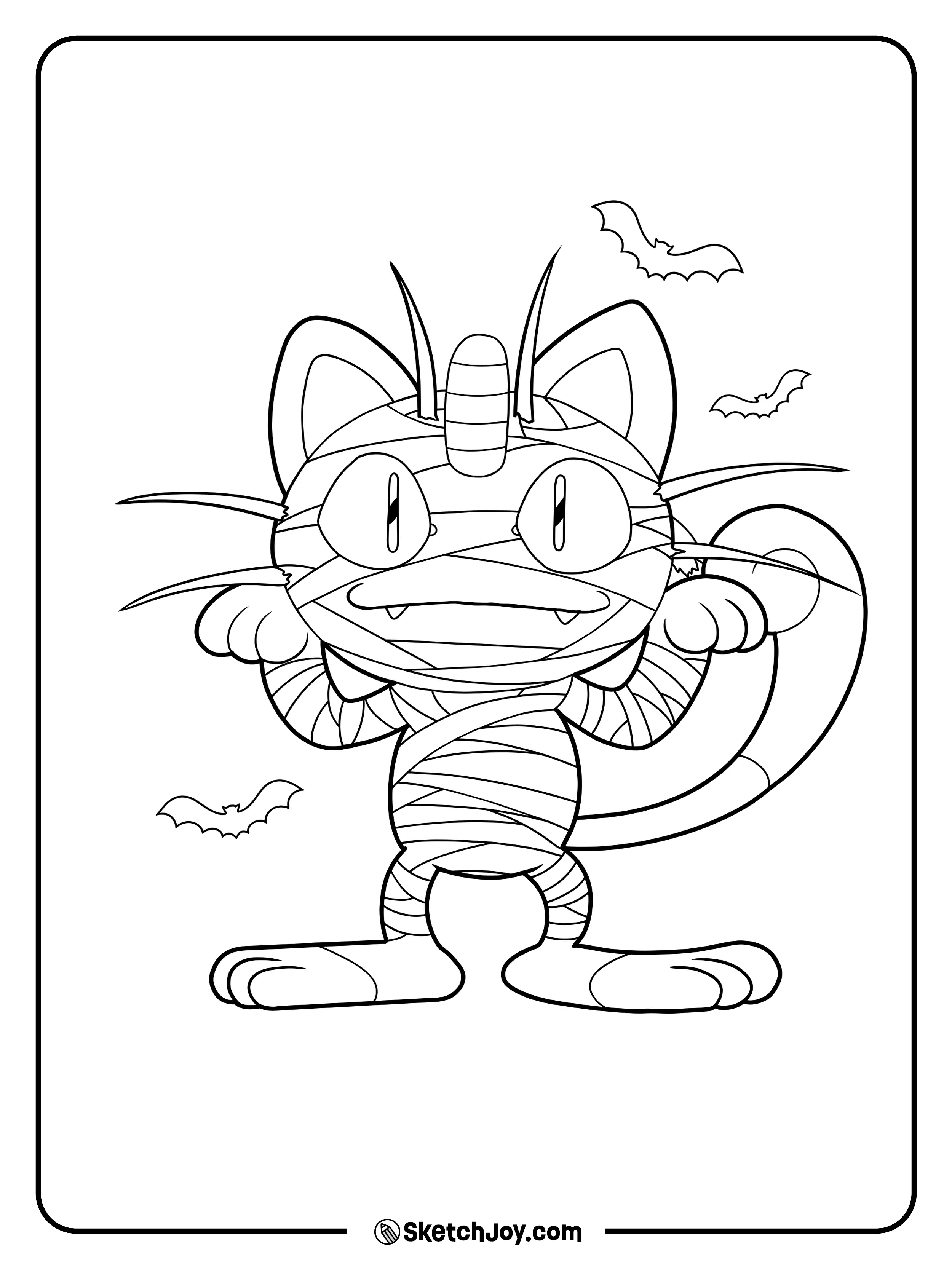 With both paws raised, the bandaged cat grins as three bats flutter nearby.