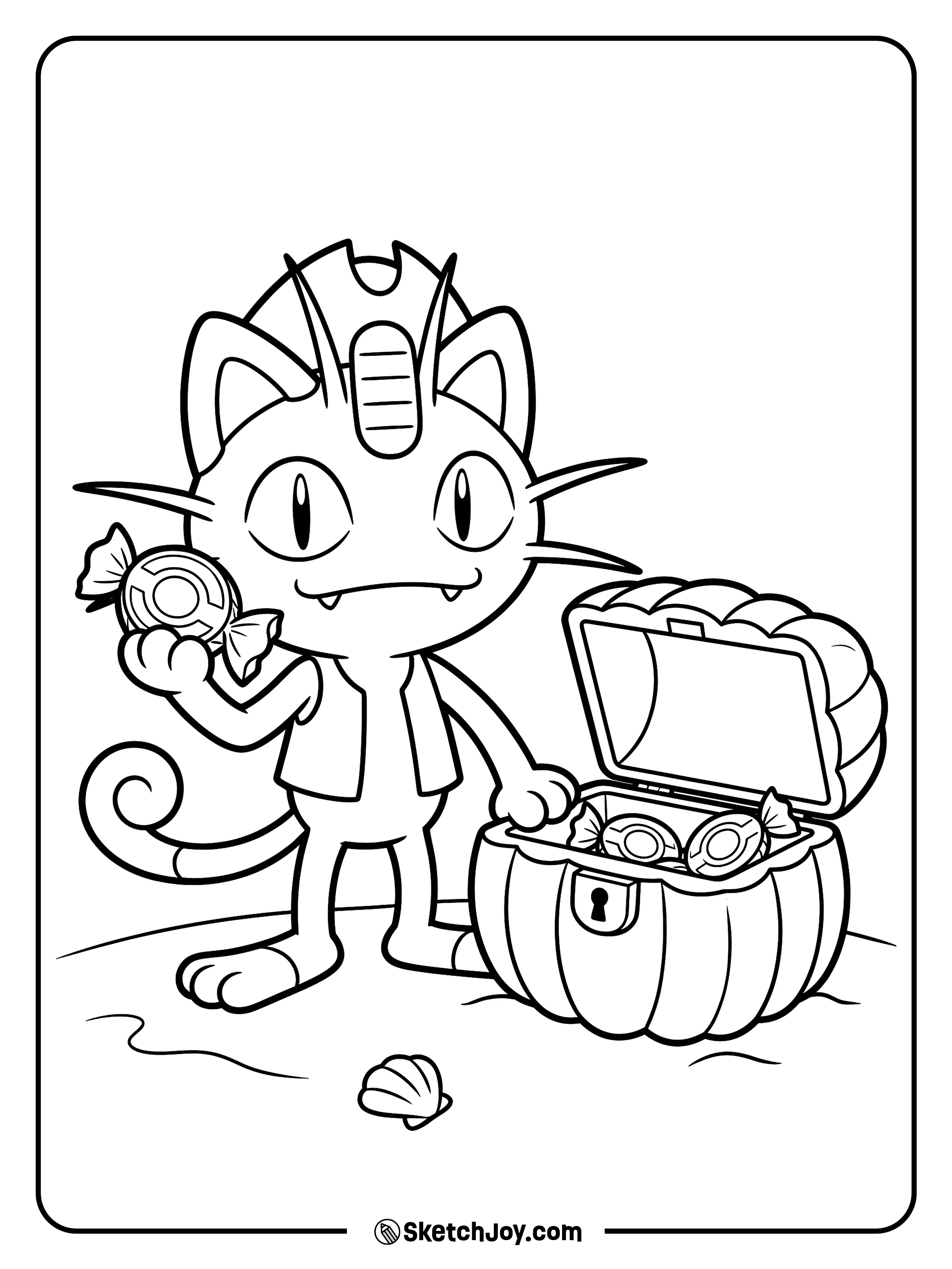 A tiny pirate checks a candy coin from a chest shaped like a jack-o'-lantern.