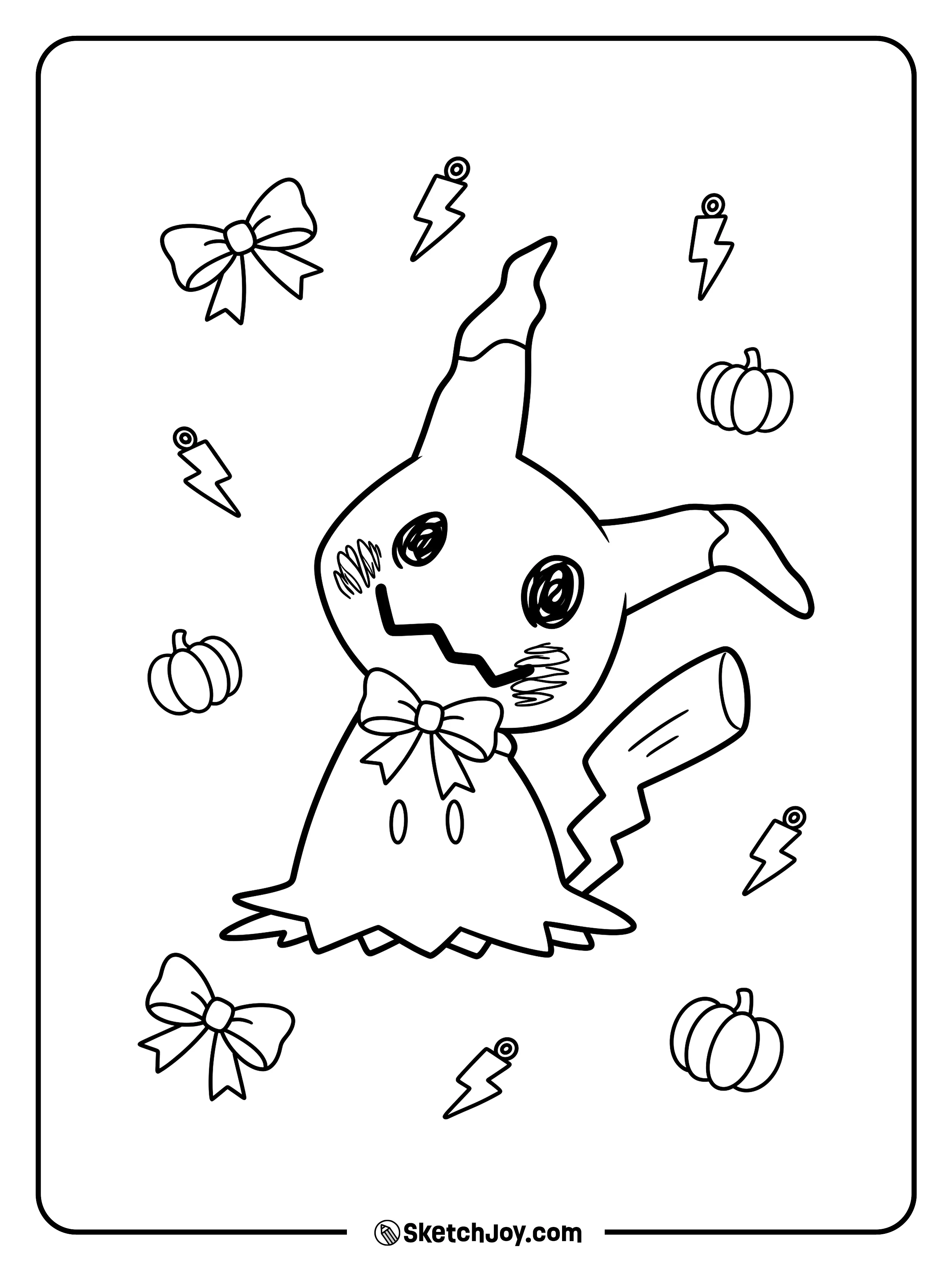 A crooked cloth head tilts between floating ribbon bows, lightning shapes, and pumpkin charms.
