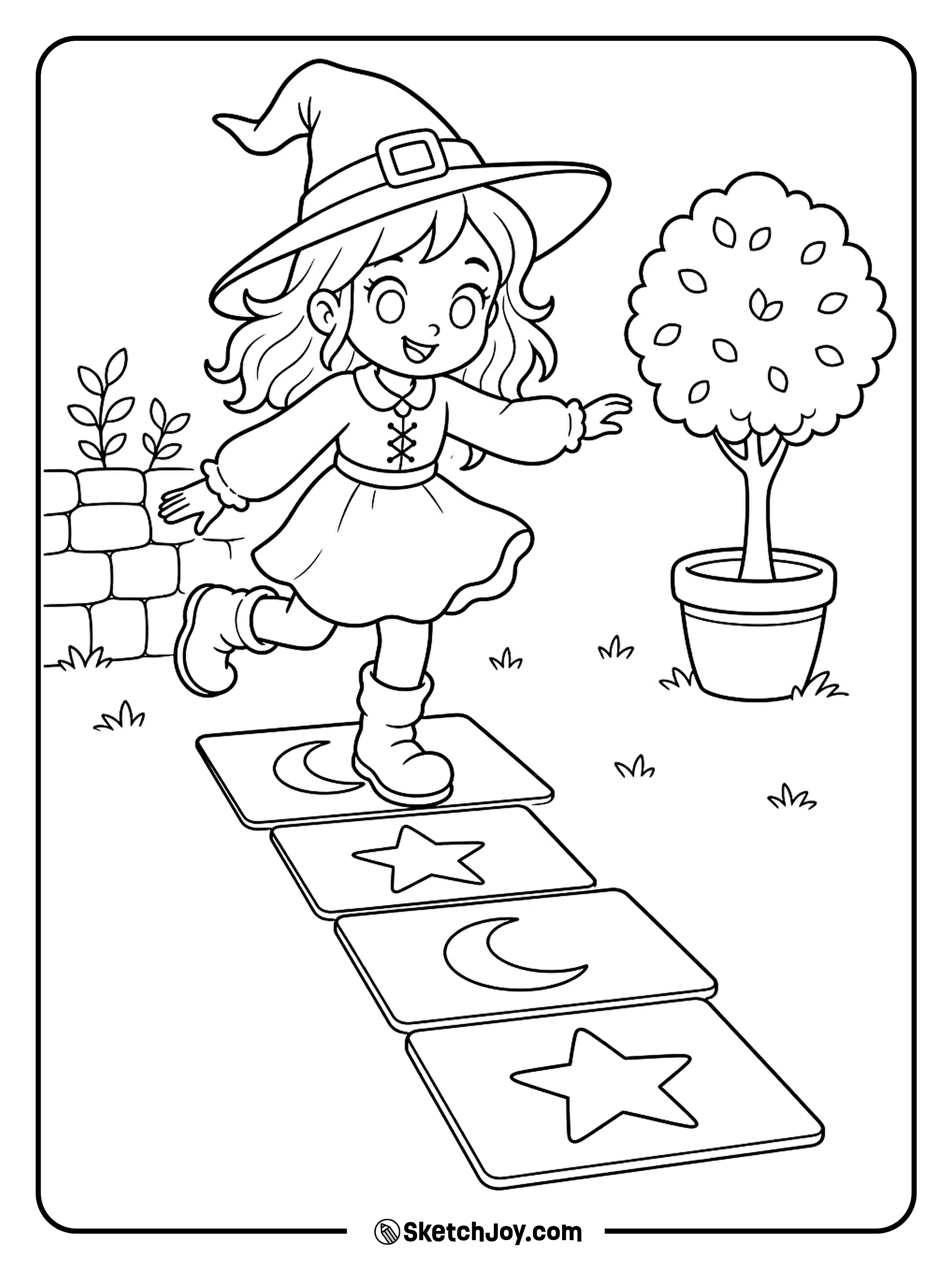 A young witch hops across moon and star squares in a quiet courtyard.