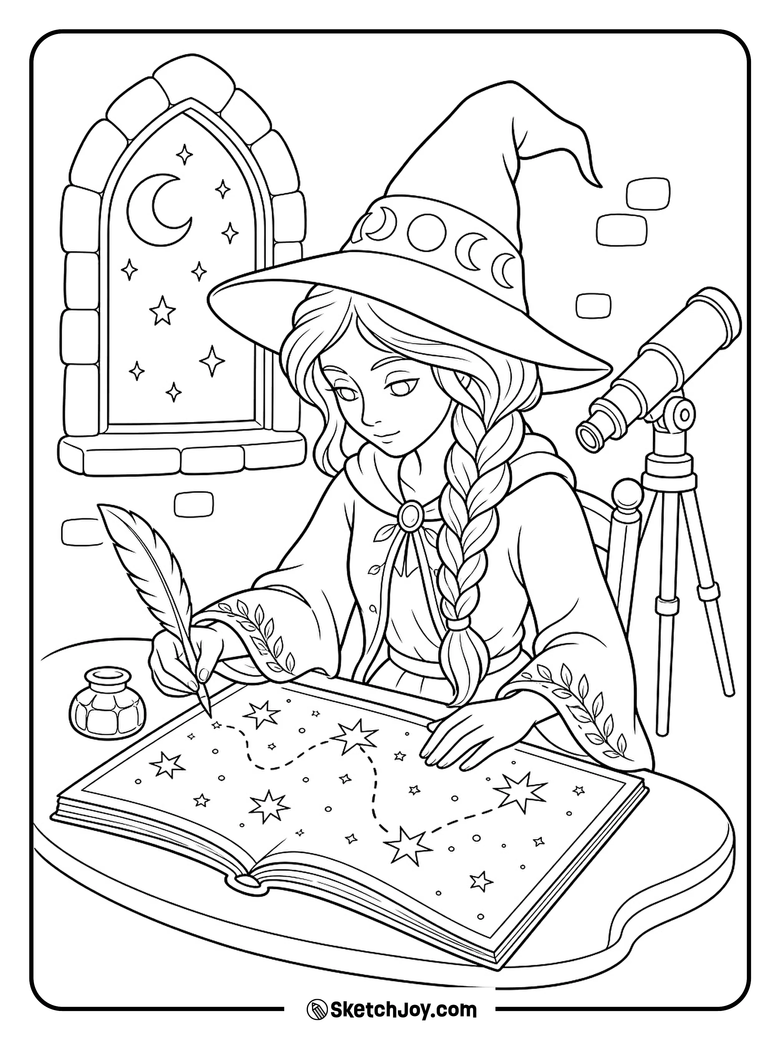 A witch joins stars on a moon map beside her tower window.