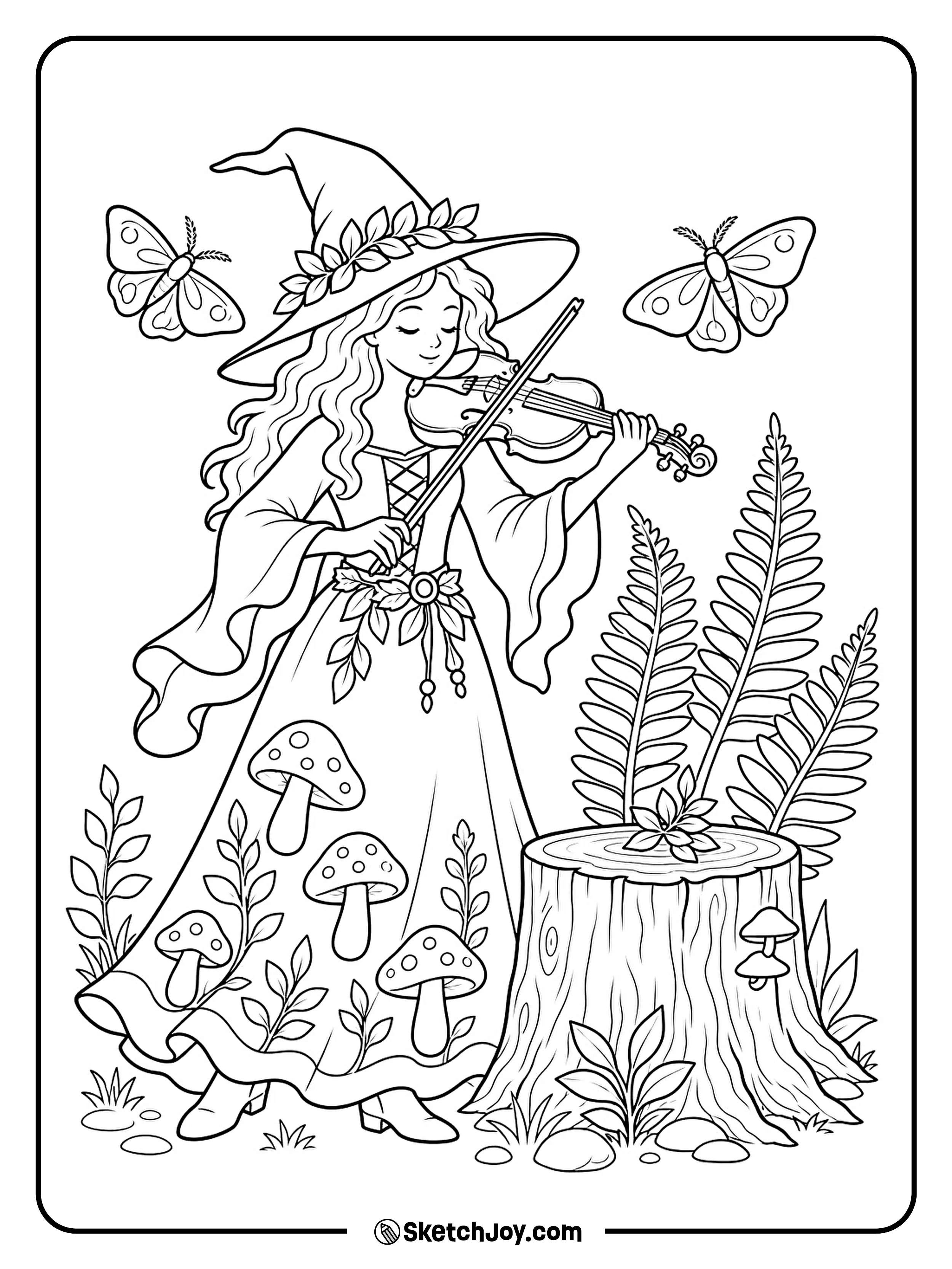 A woodland witch plays her violin while two moths rest on nearby ferns.